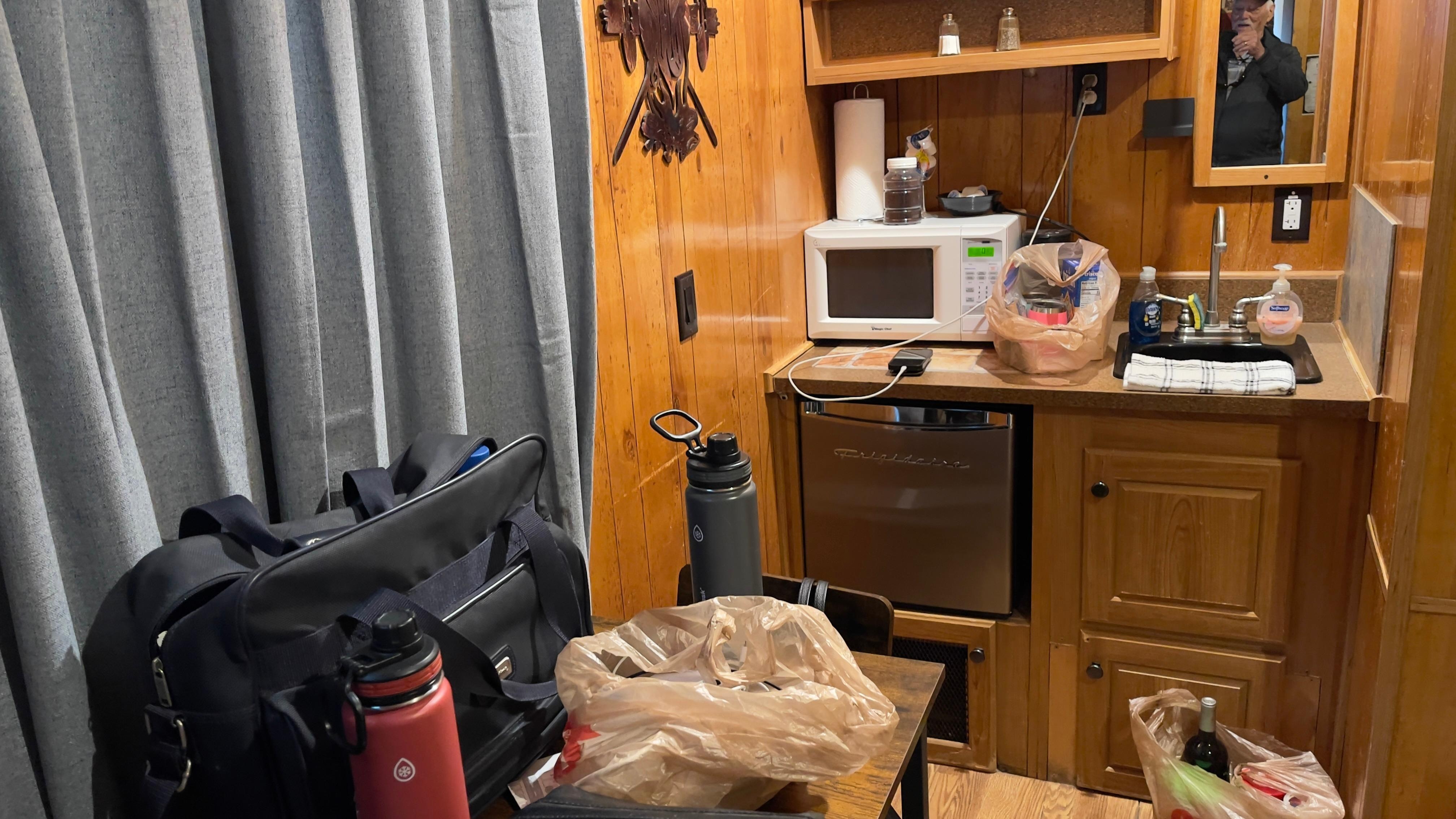 No room for luggage or clothes. Shaved and brushed teeth 