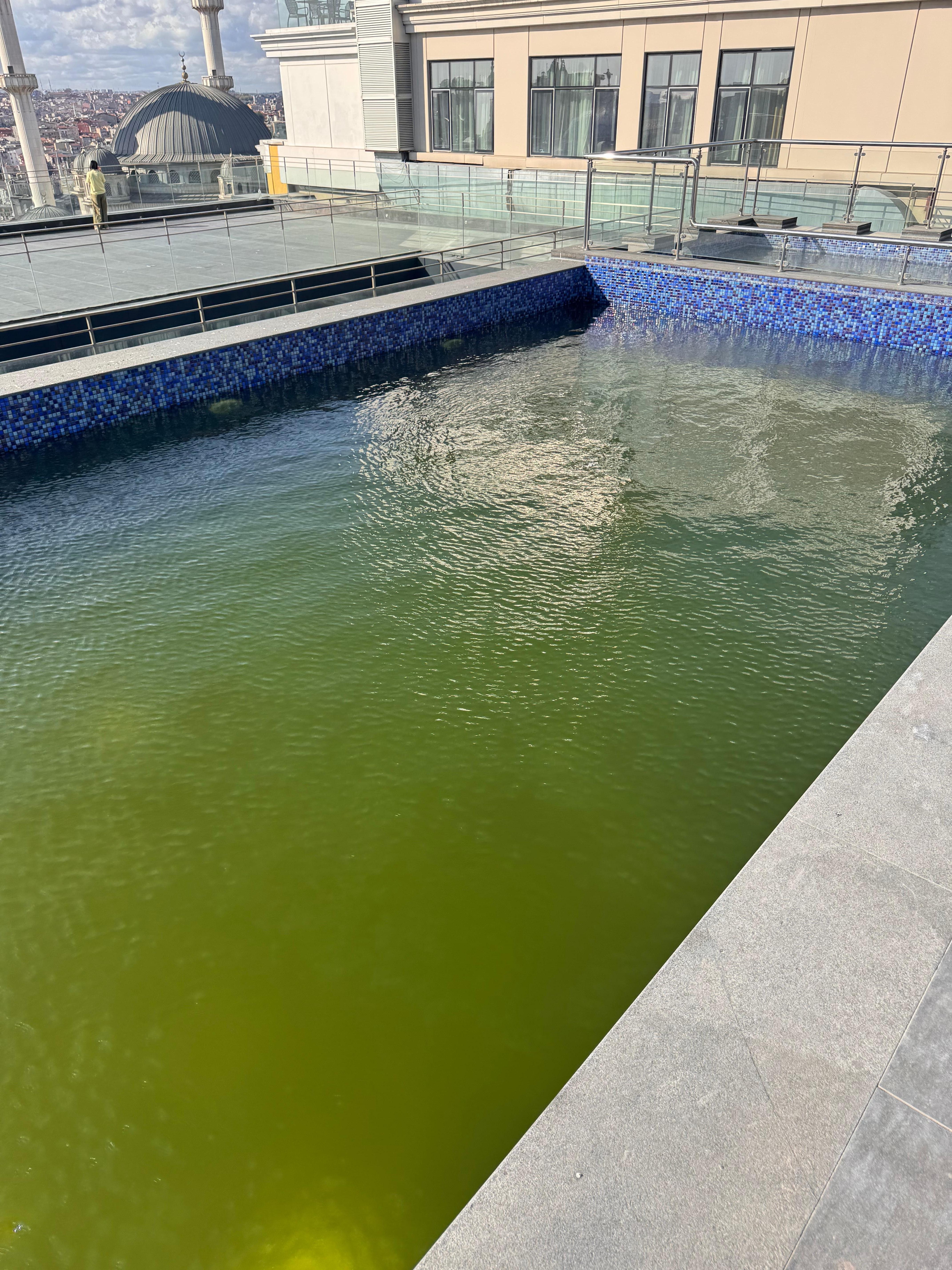 Filthy pool. No signs to say it’s closed. 