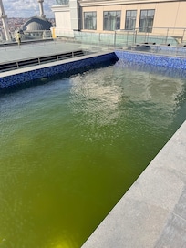 Filthy pool. No signs to say it’s closed.