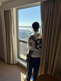 My husband looking out the window at the beautiful view