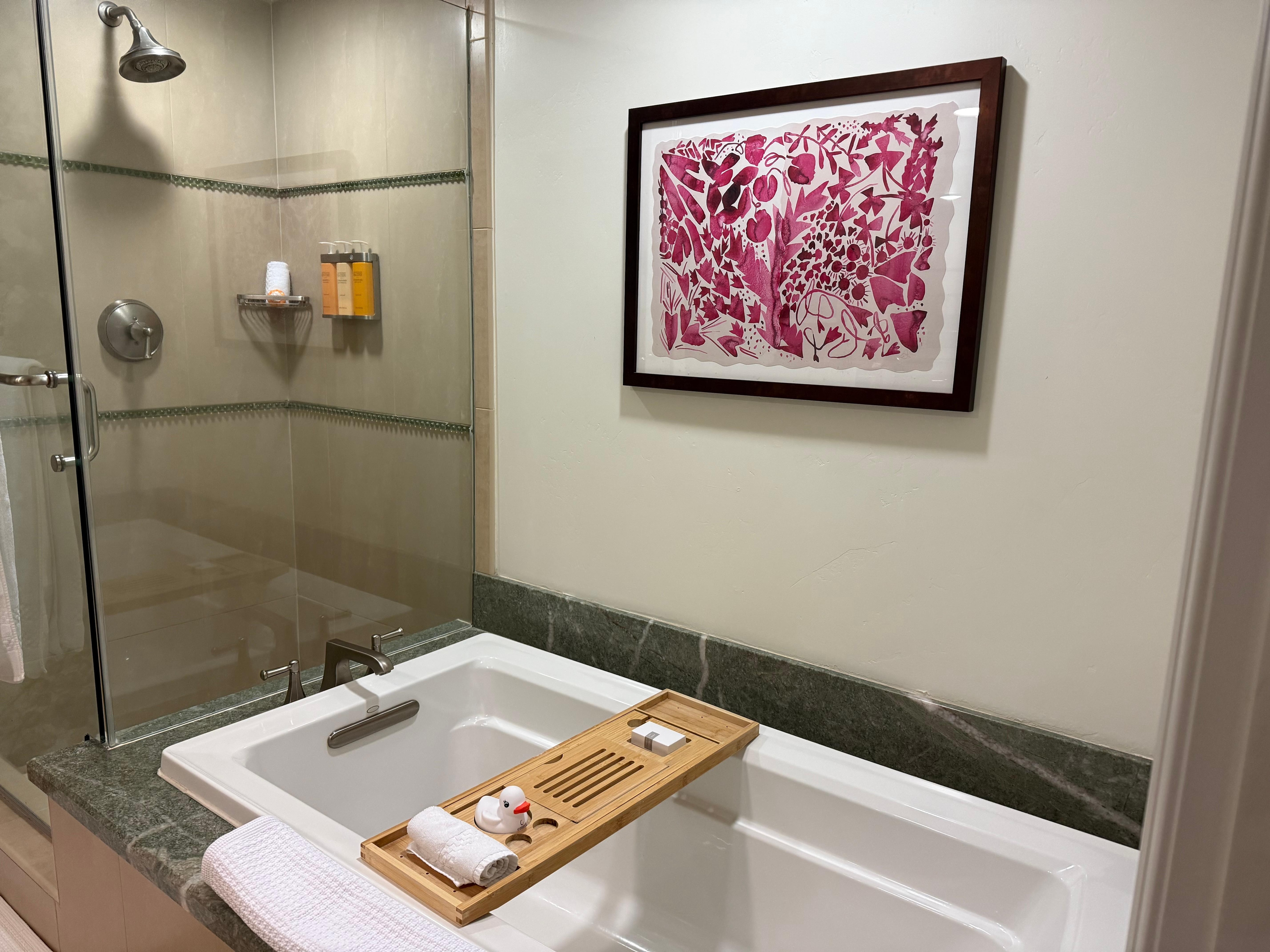 Example of extra touches - good art, rubber duckie, nicely designed bathroom