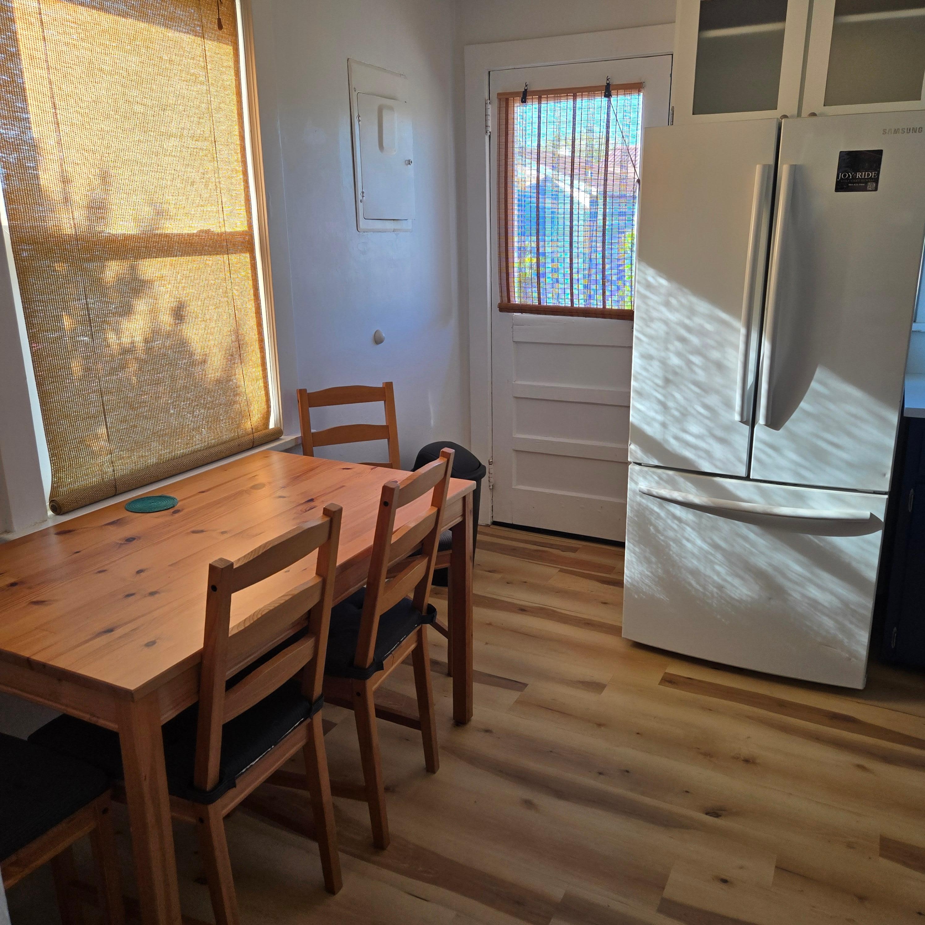 Kitchen, has a lot of what you need to cook for yourself and make ice cold drinks. 