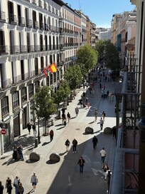 Street view from my balcony at Hotel Francisco I with Sol courtyard in the distance.