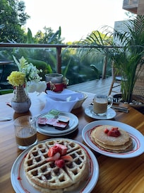 Breakfast was ok, what would be great is if they added bananas & chocolate sauce on the pancakes/waffles!