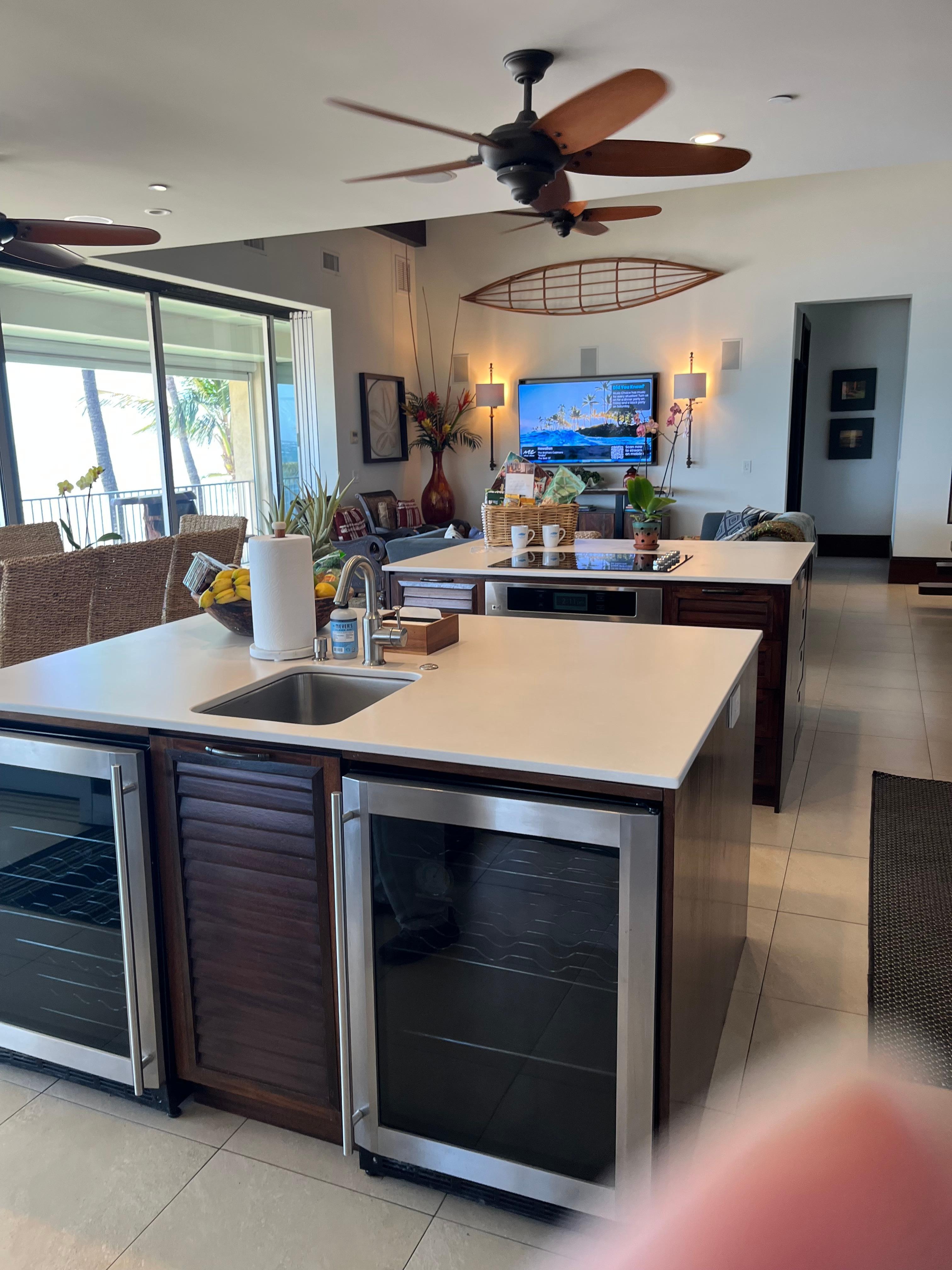 Kitchen with a view toward the living room seating.