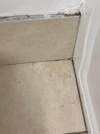 Hair on the floor in the corner of the bathroom next to the tub