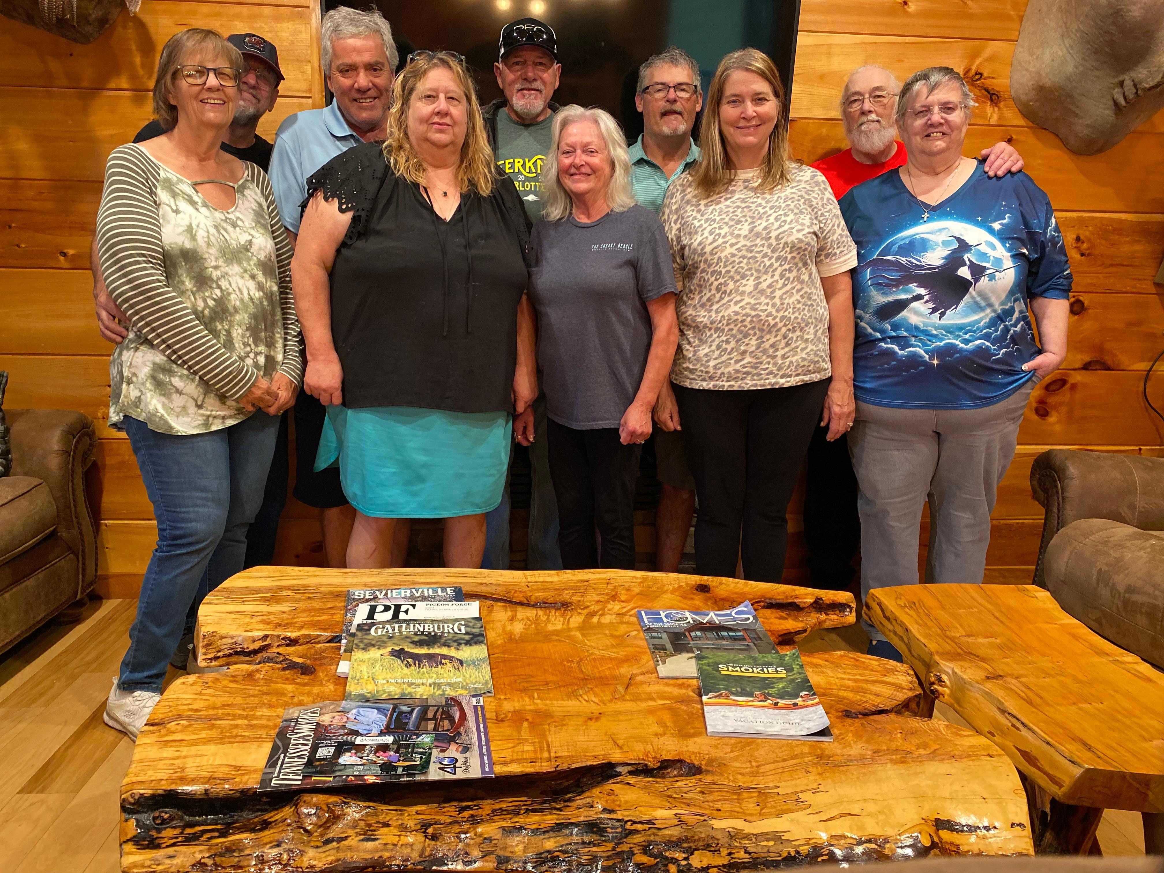 In livingroom in front of fireplace 