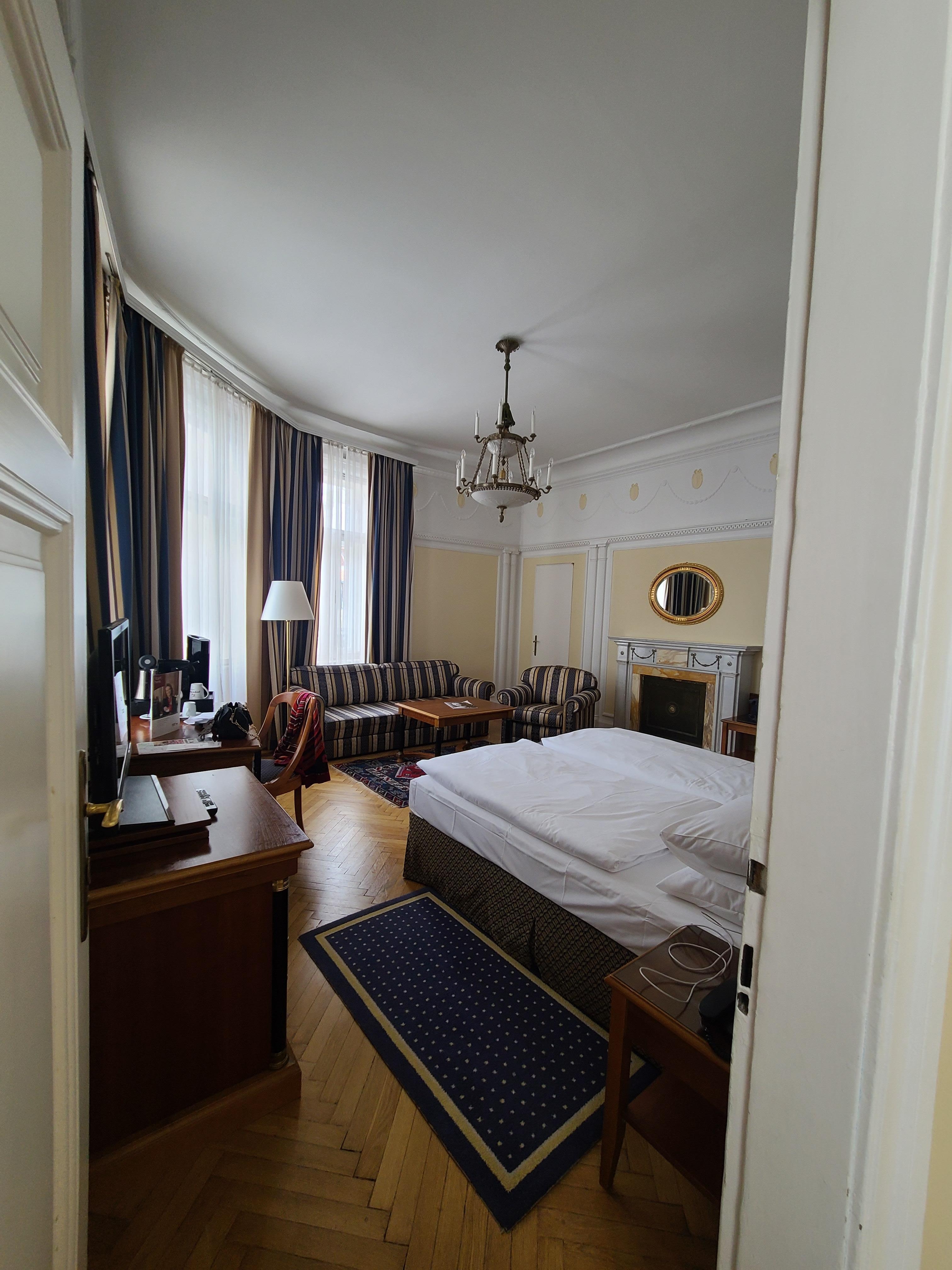 View of room from bathroom hallway