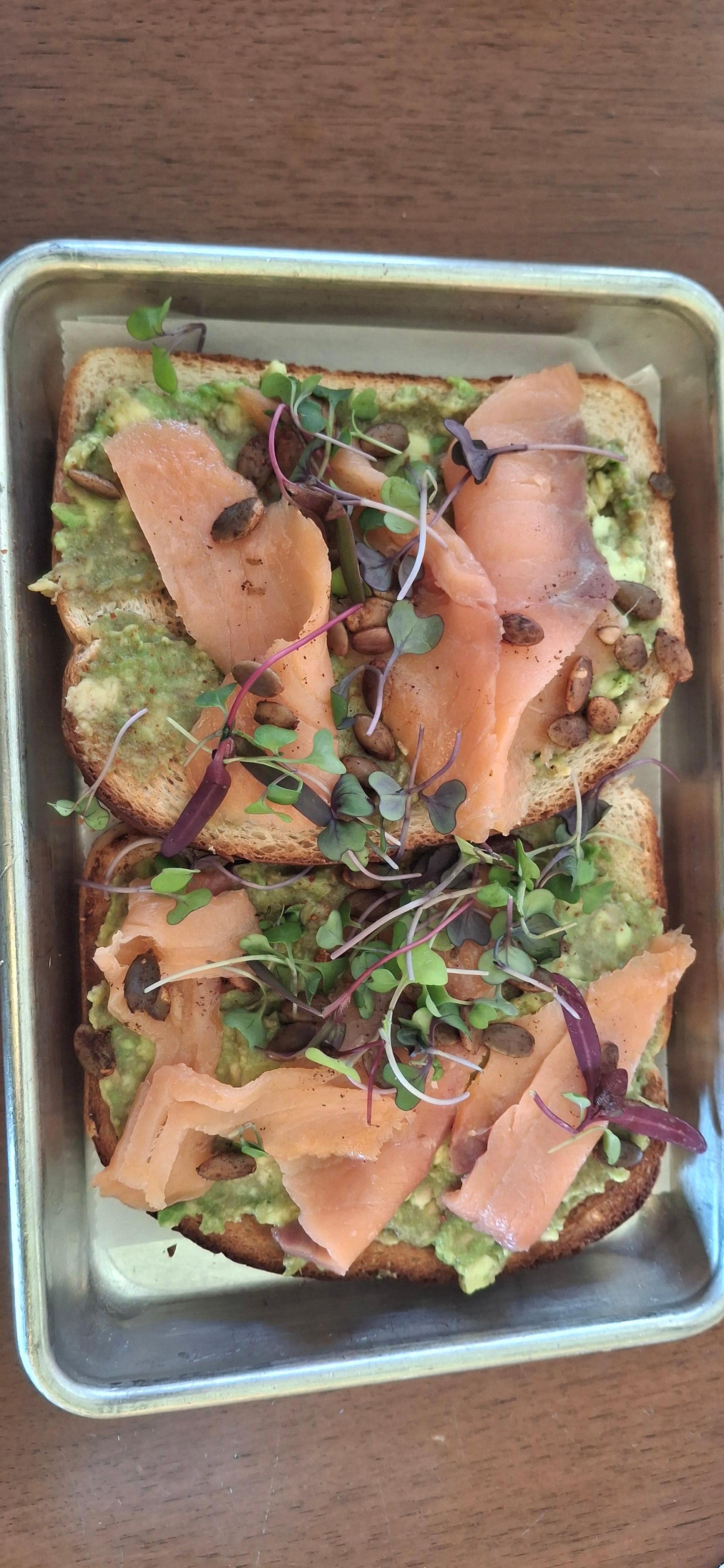 The avocado toast with microgreens and smoked salmon (there are several choices for protein)