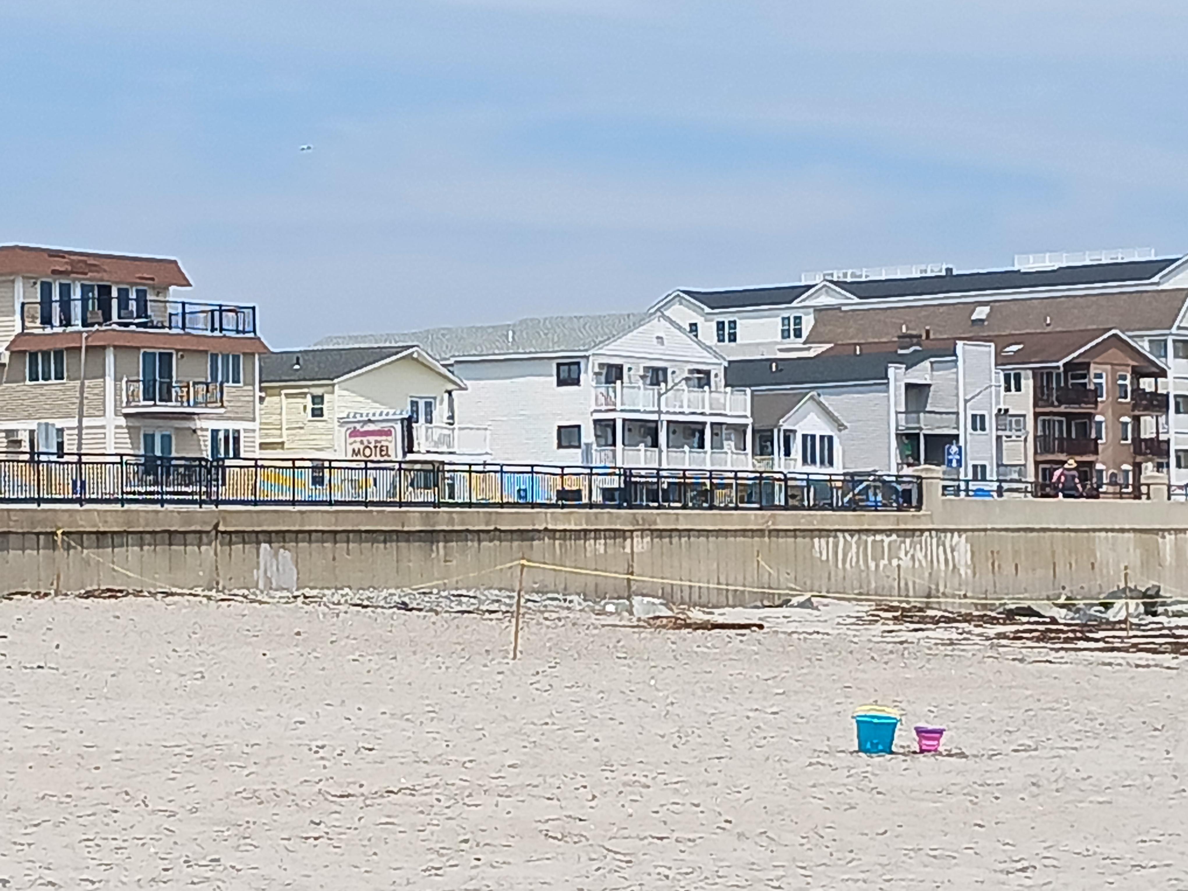 View from beach to our room at Breakers, 2nd building from left