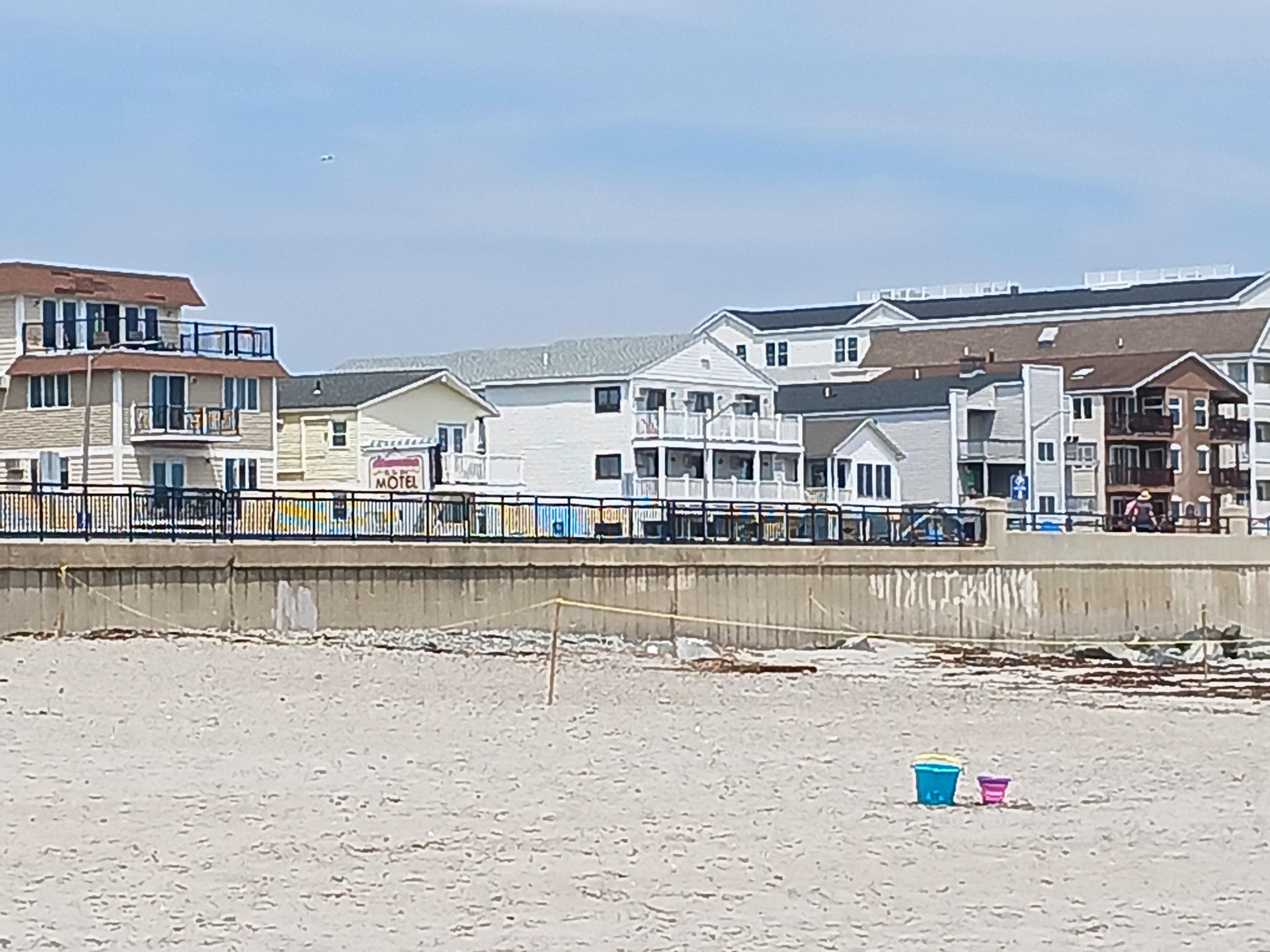 View from beach to our room at Breakers, 2nd building from left