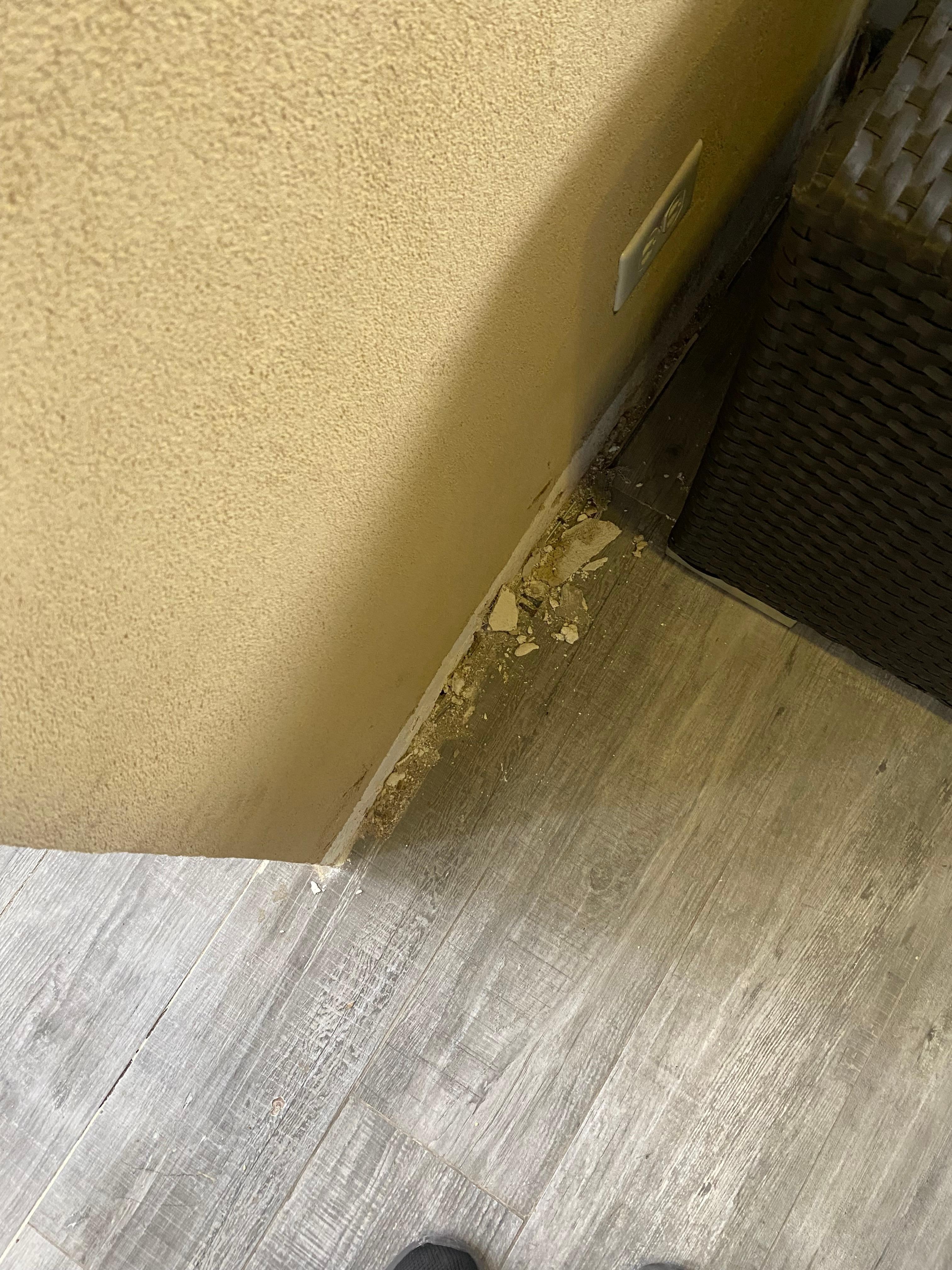 Plaster that’s fallen off wall near lift. 