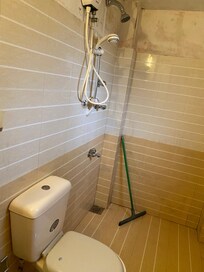 Broken toilet seat, low water pressure, old soap left behind.