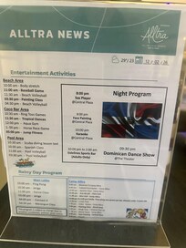 Entertainment schedule can be found by the cafe. It changes everyday.