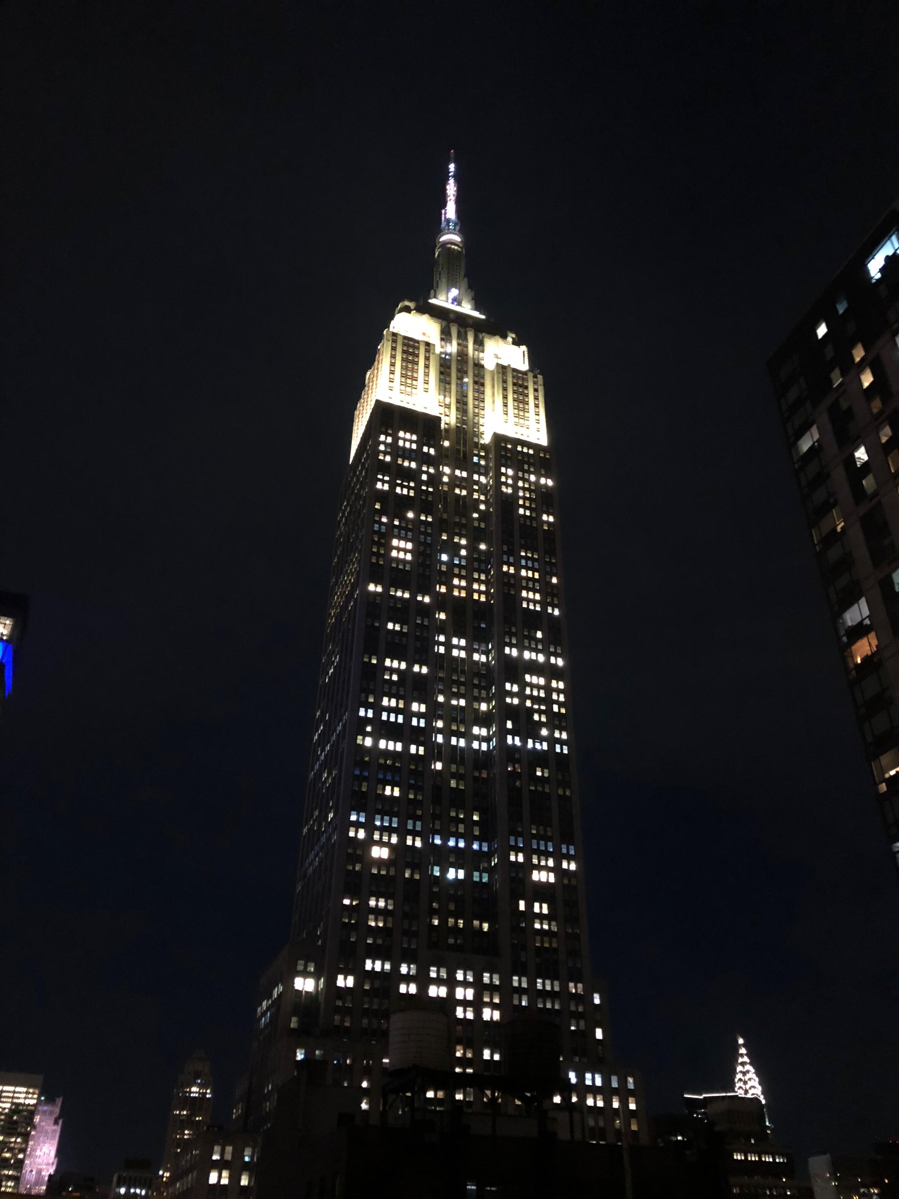 View from the hotel terrace on the rooftop by night: the Empire State Building