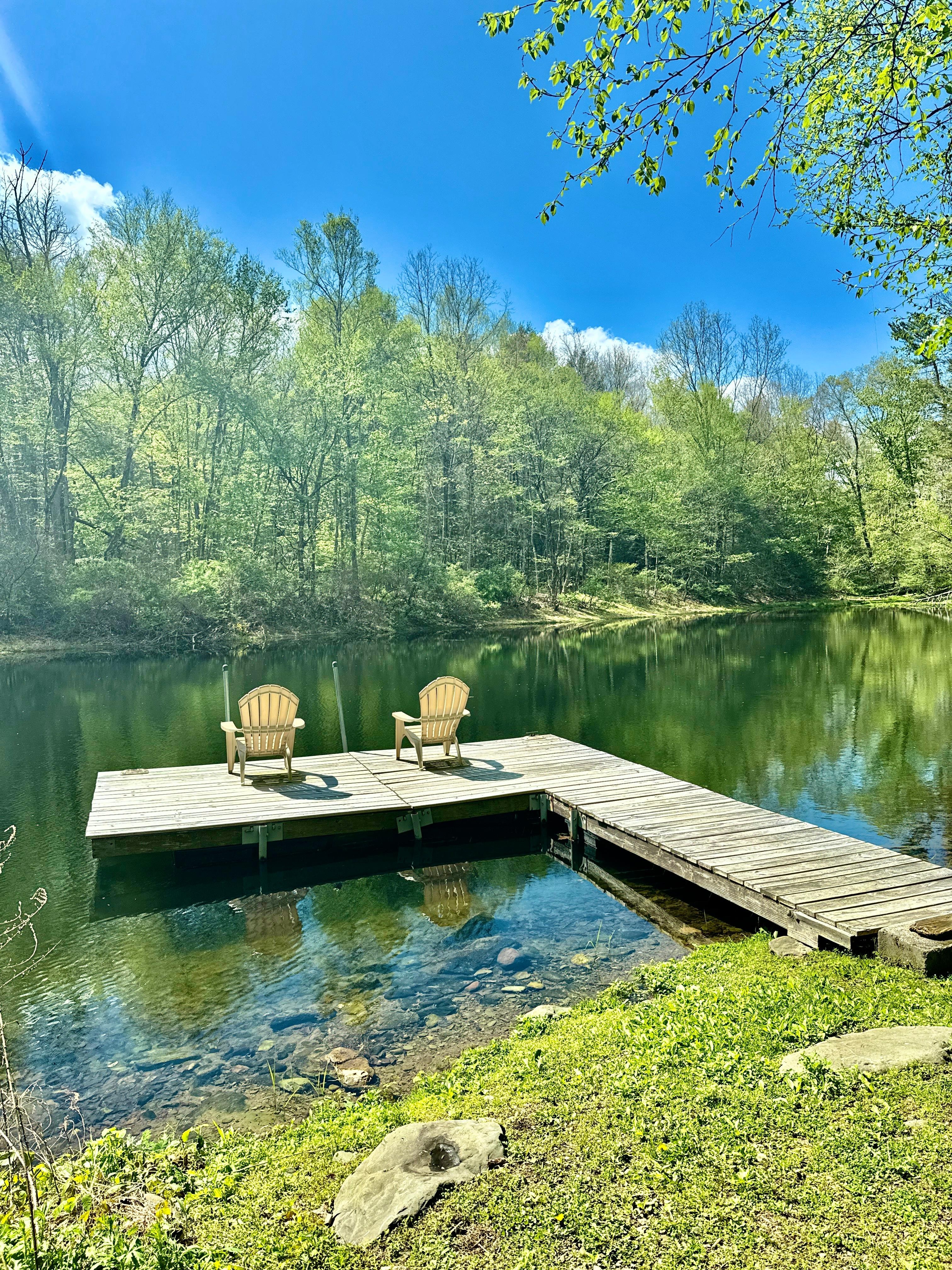 Private dock on little lake at the end of the moss path. 