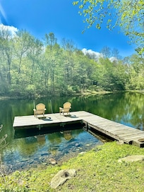 Private dock on little lake at the end of the moss path.