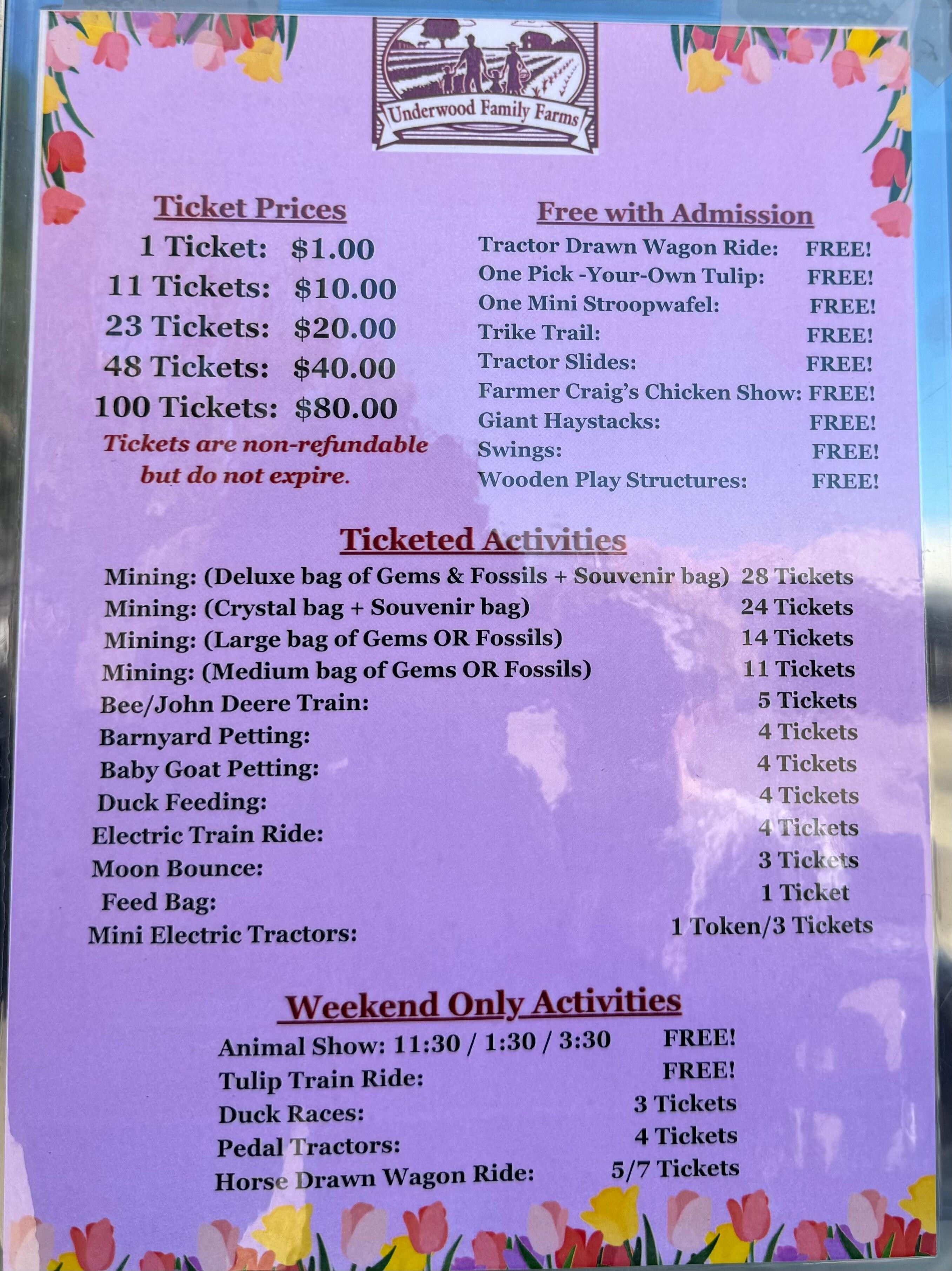 Local farm located 0.25 miles from the pool house - list of activities and prices. There was a $20/pp entry fee too.