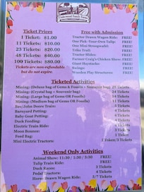 Local farm located 0.25 miles from the pool house - list of activities and prices. There was a $20/pp entry fee too.