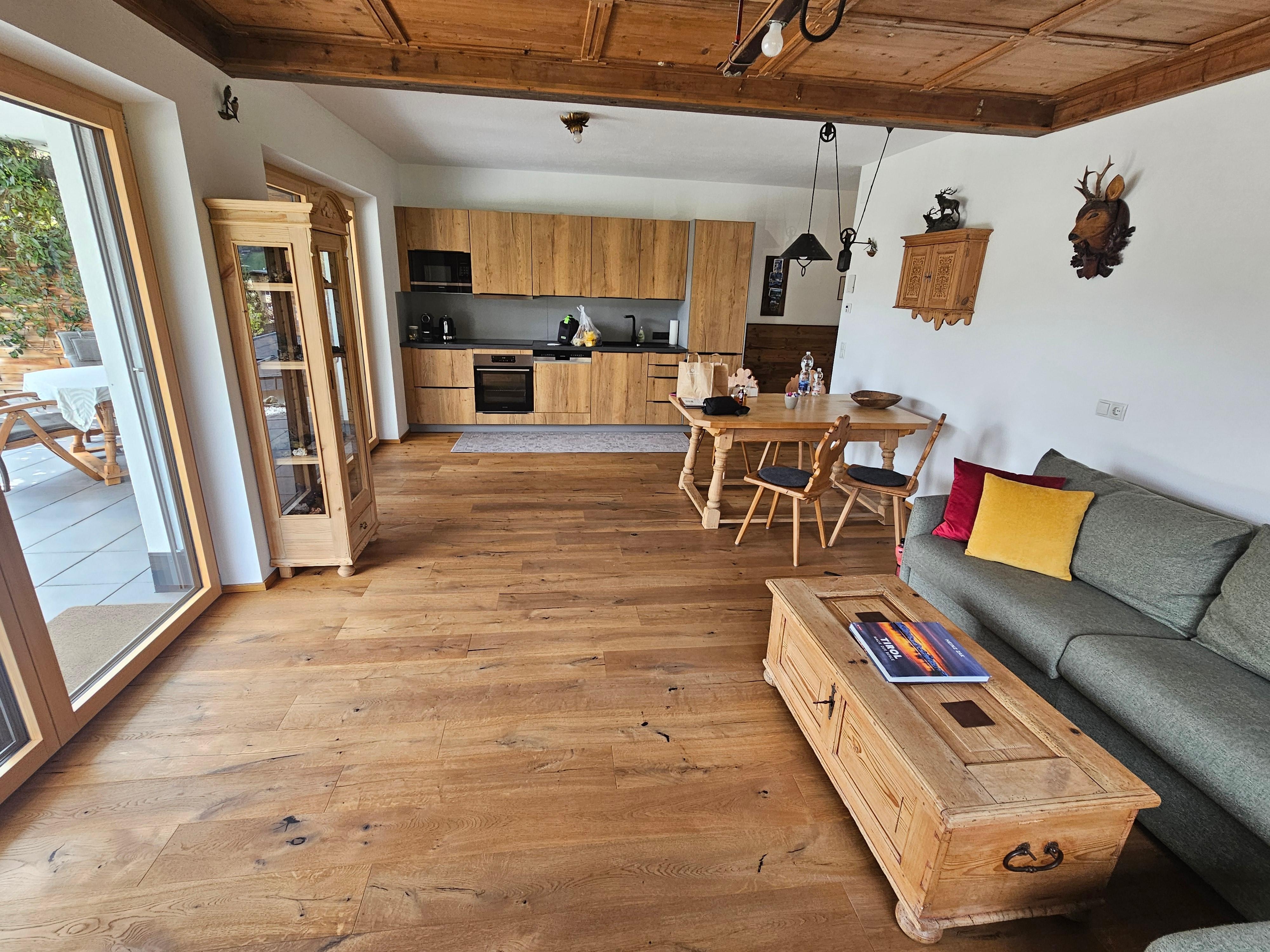 Living and kitchen. Couch pulls out