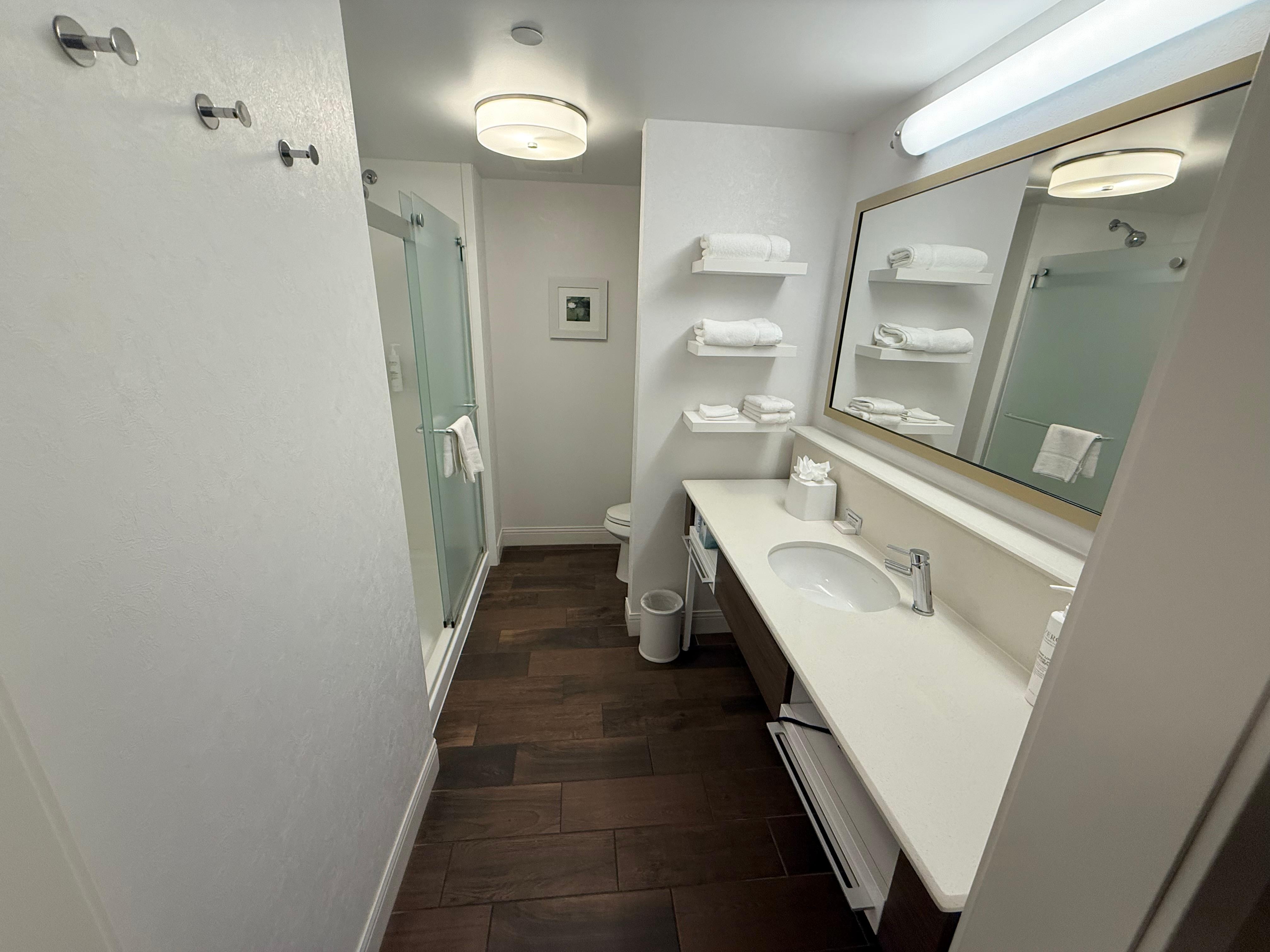 The bathroom was a nice size and plenty of space on the counter to put your things!