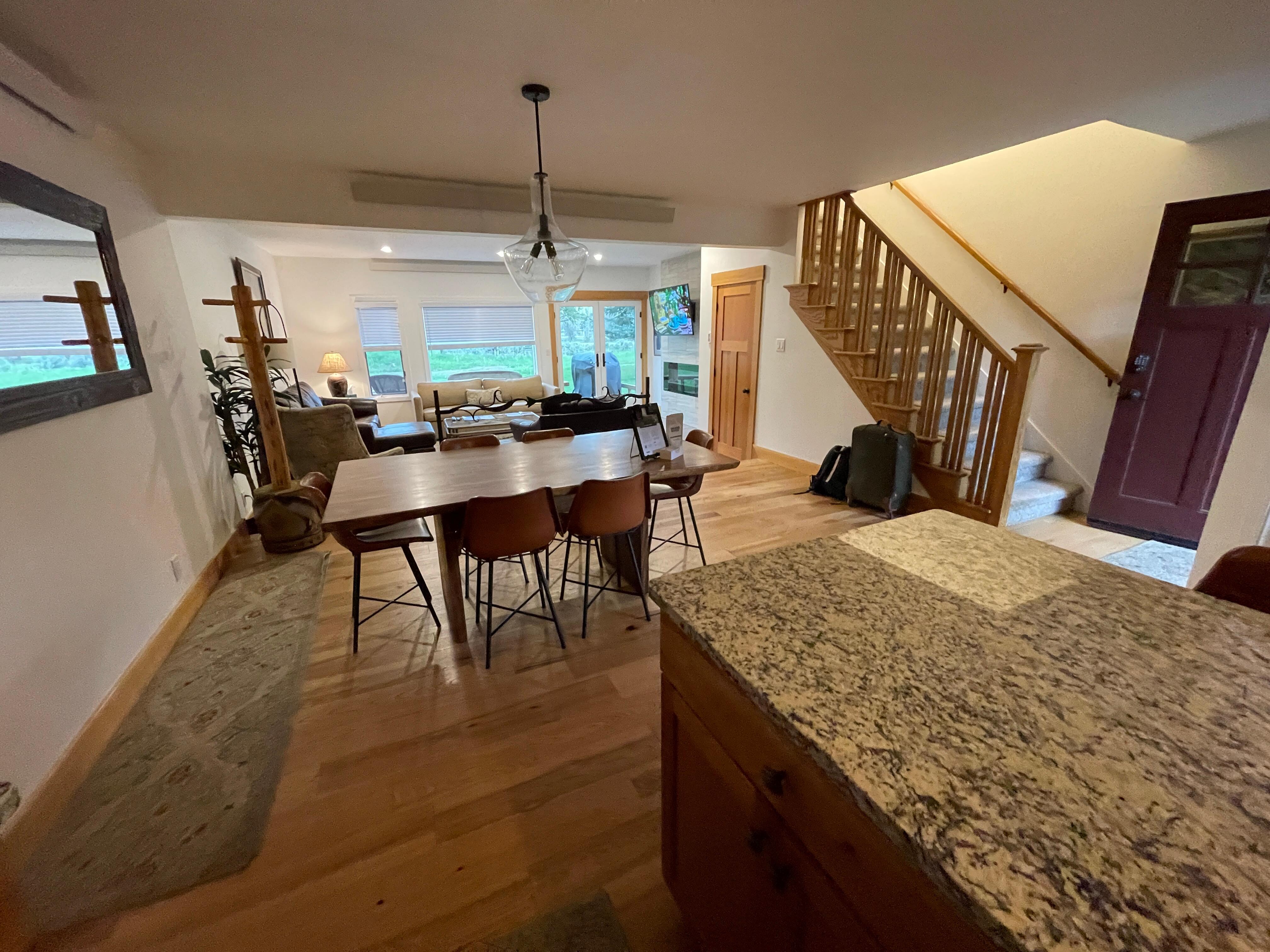 View from kitchen of dining room and living room