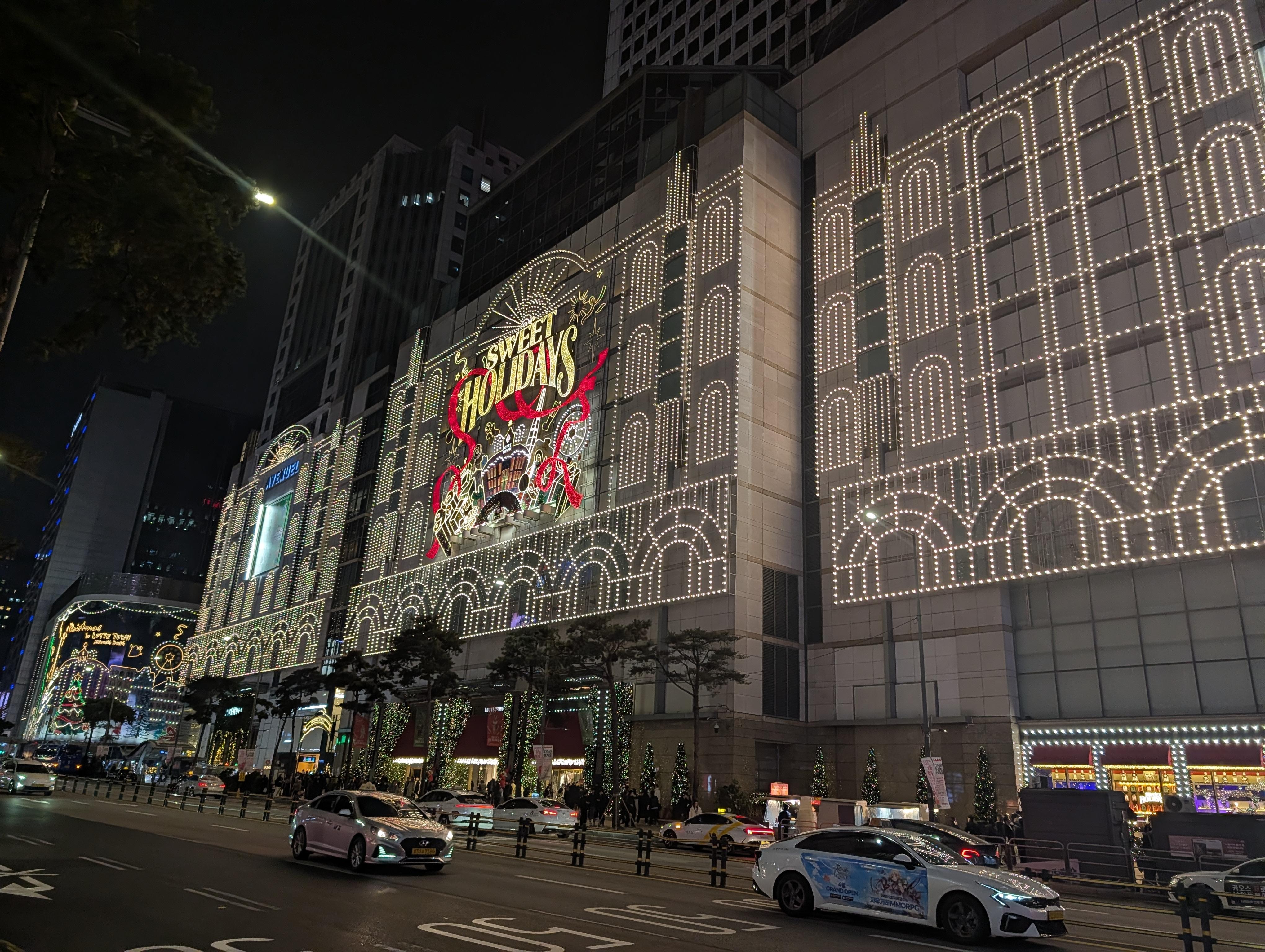 Right in the heart of Myeongdong across from the Lotte department store 