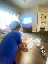 Enjoying a homemade meal before we go to a show.