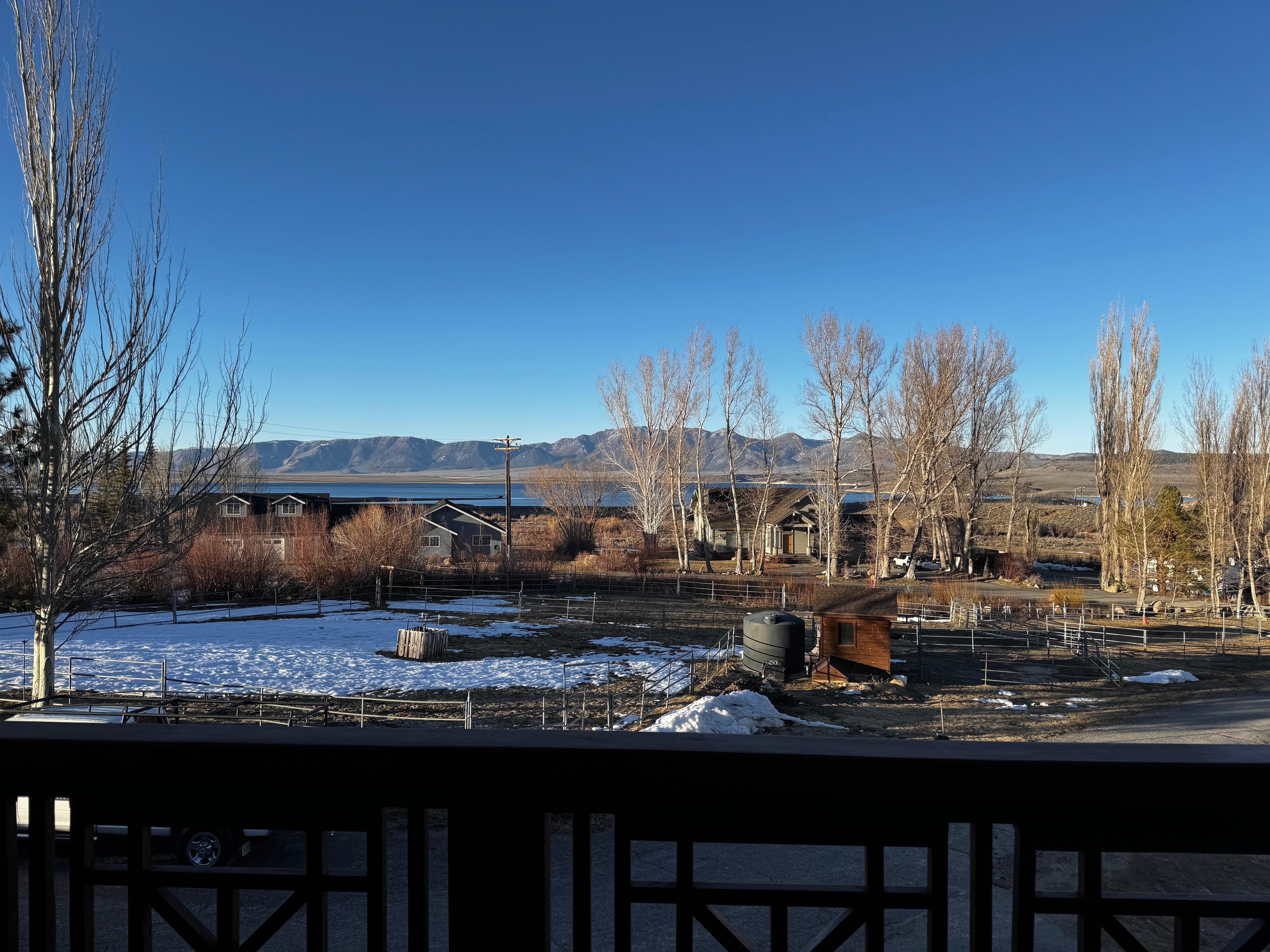 Daytime view from the balcony overlooking the lake. 