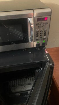 Roaches crawling out of the microwave wave fridge. The gray and white in the fridge is mold.