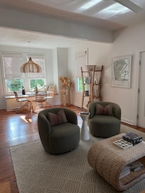 Warm interior with seamless flow from living into dining