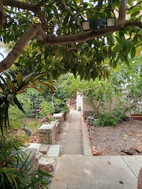 The walkway to the owners home, only usable outdoor space and shows how close they are