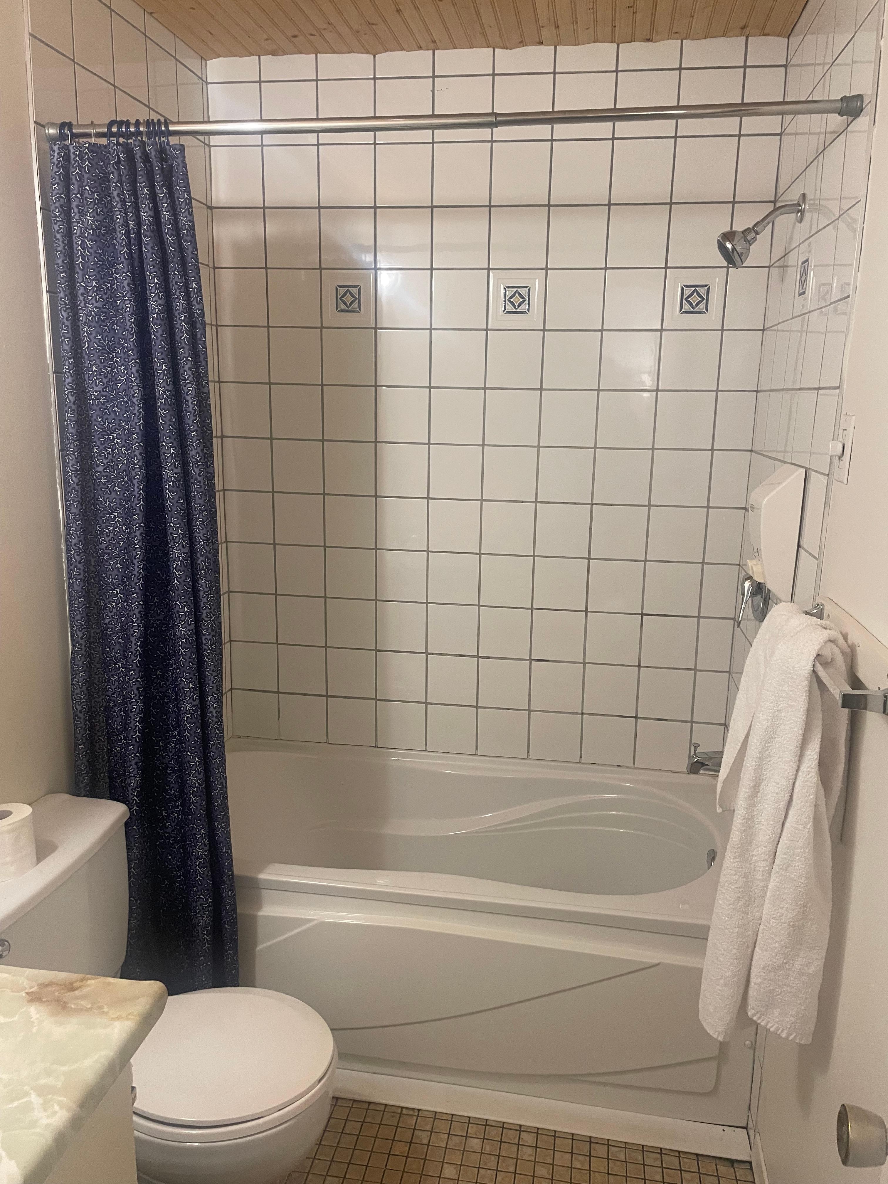 The shower faucet should be upgraded along with the bathroom tiles. 