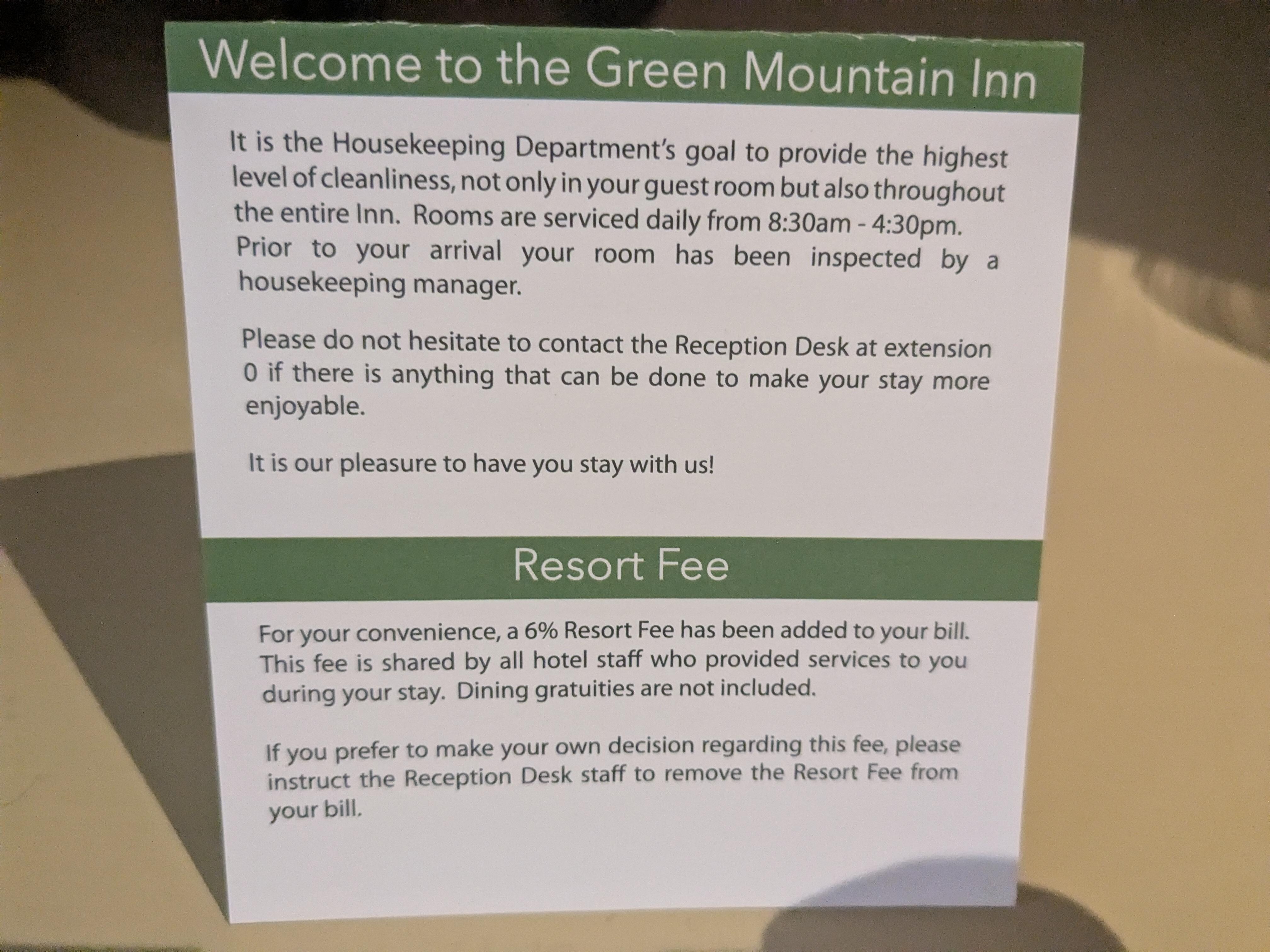 Sign in room describing the 6% added gratitudity and how to have it removed