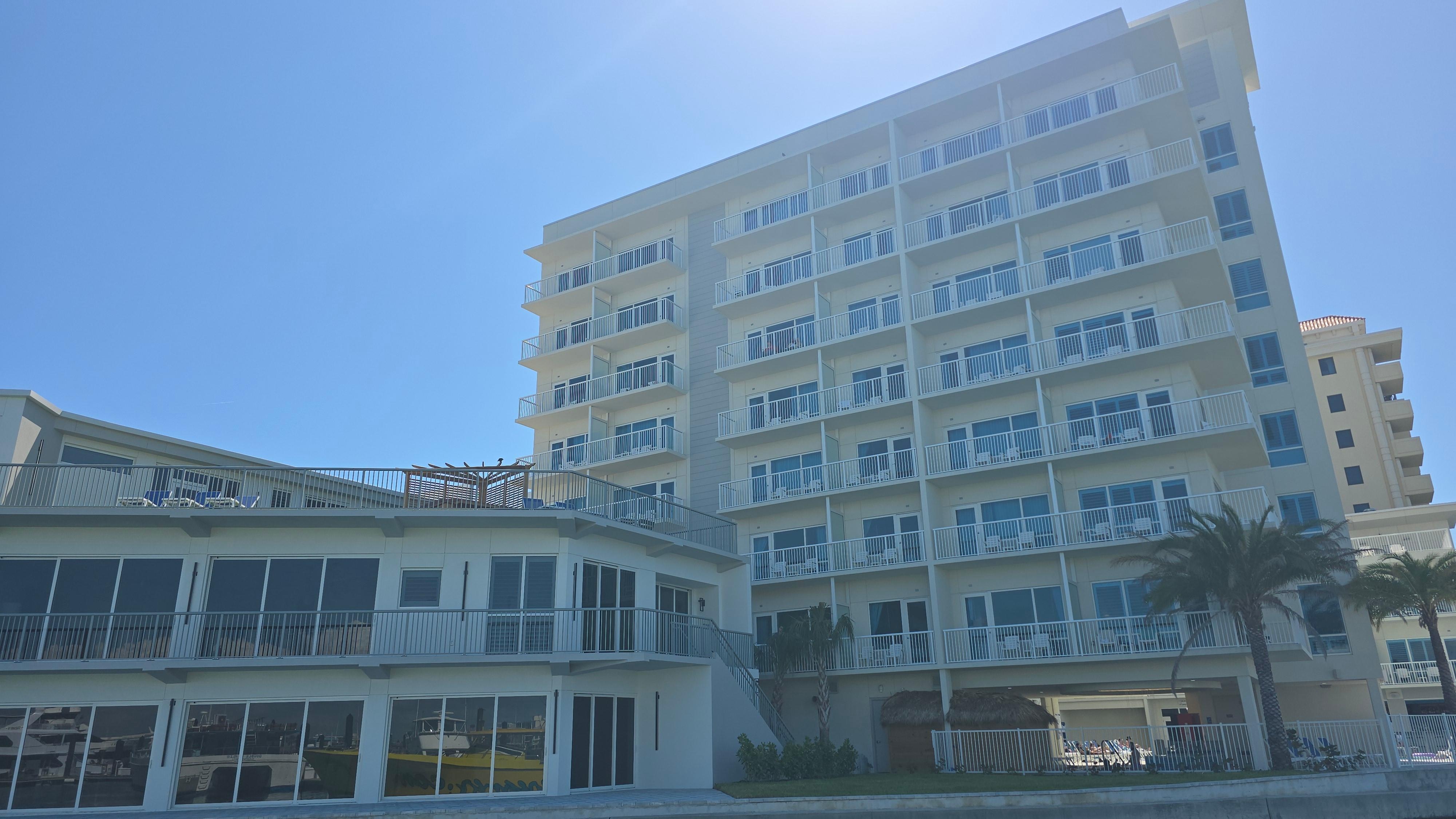 View of hotel from harbor. 