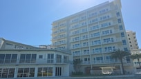 View of hotel from harbor.