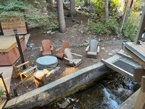 Outside area w/ hot tub by flowing stream