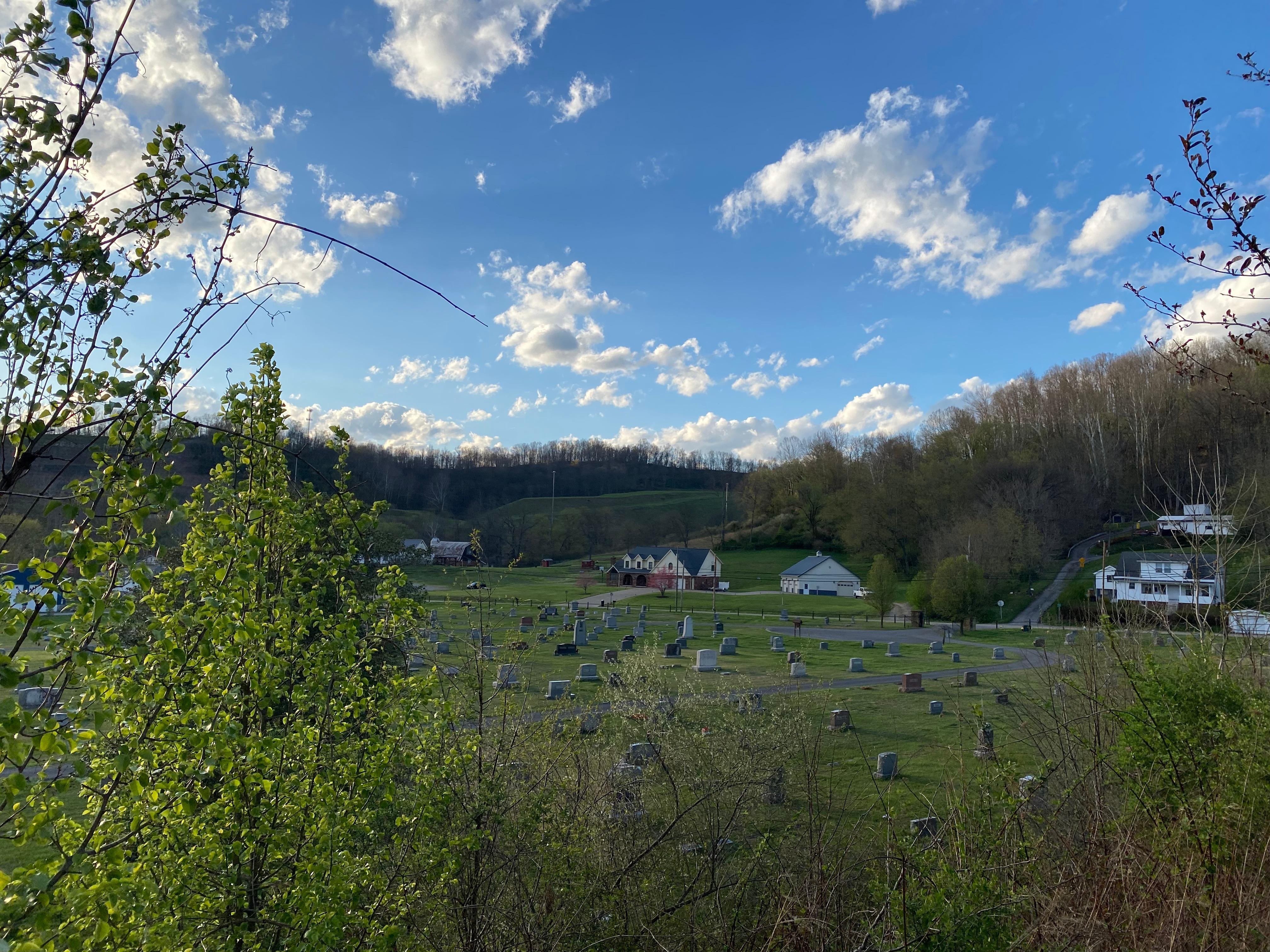 View from some nice picnic tables off the one side of the hotel located under some nice fruit trees.

