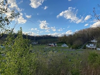 View from some nice picnic tables off the one side of the hotel located under some nice fruit trees.