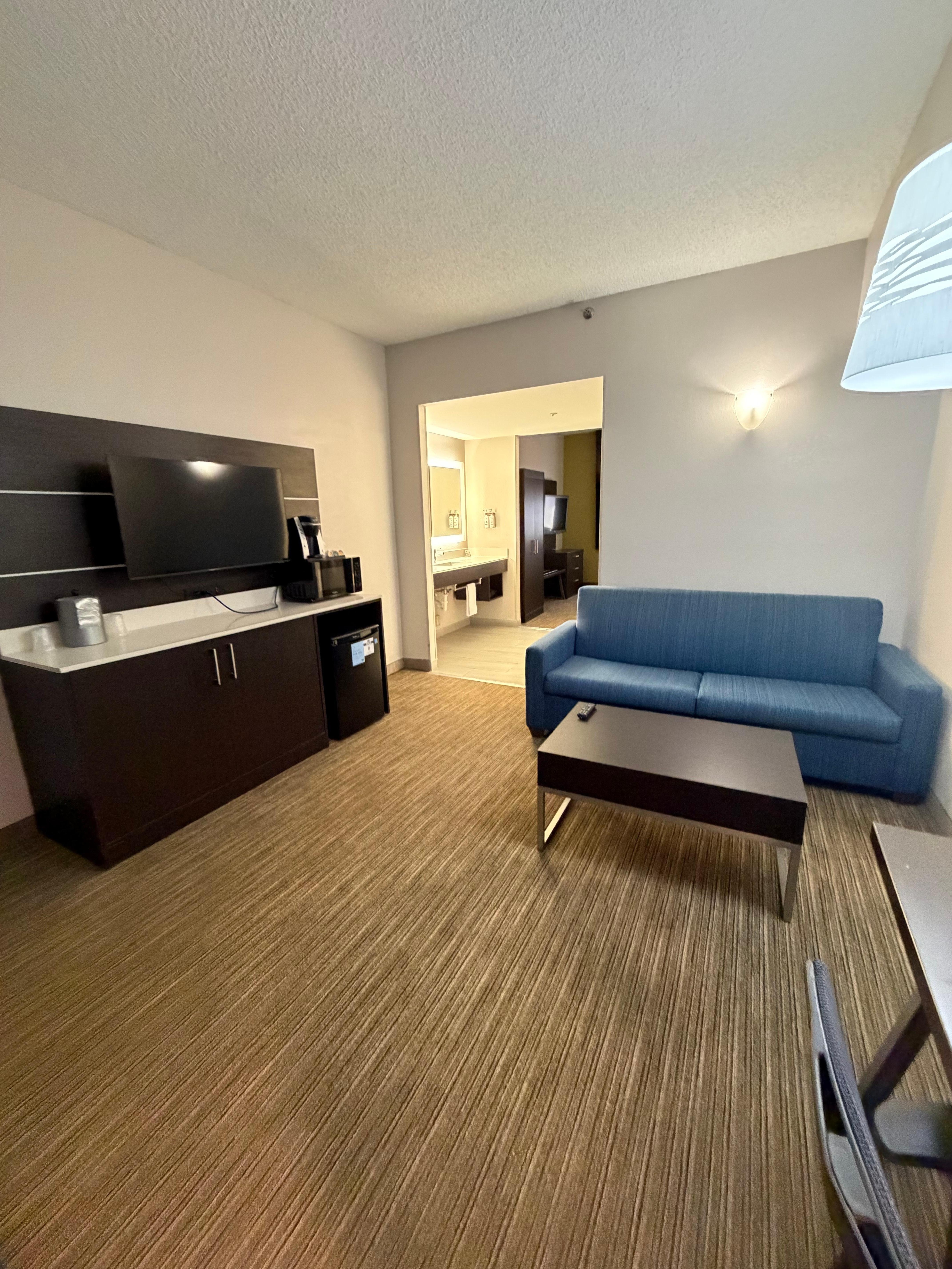 Living area with TV, sofa, fridge, microwave, coffee maker and desk