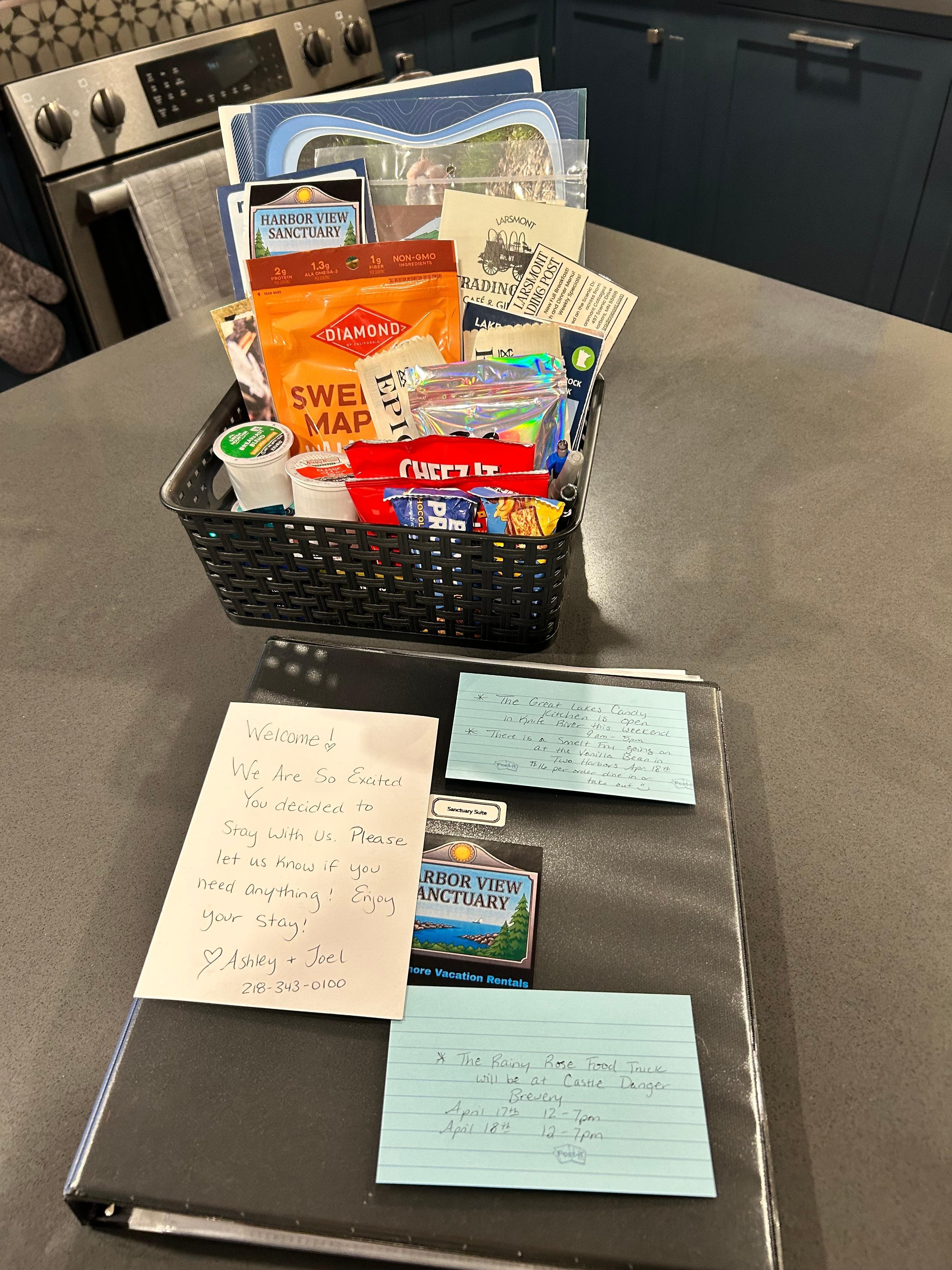 Welcome binder with additional information on things in the area. Basket with great maps, books, guides, simple snacks also. 