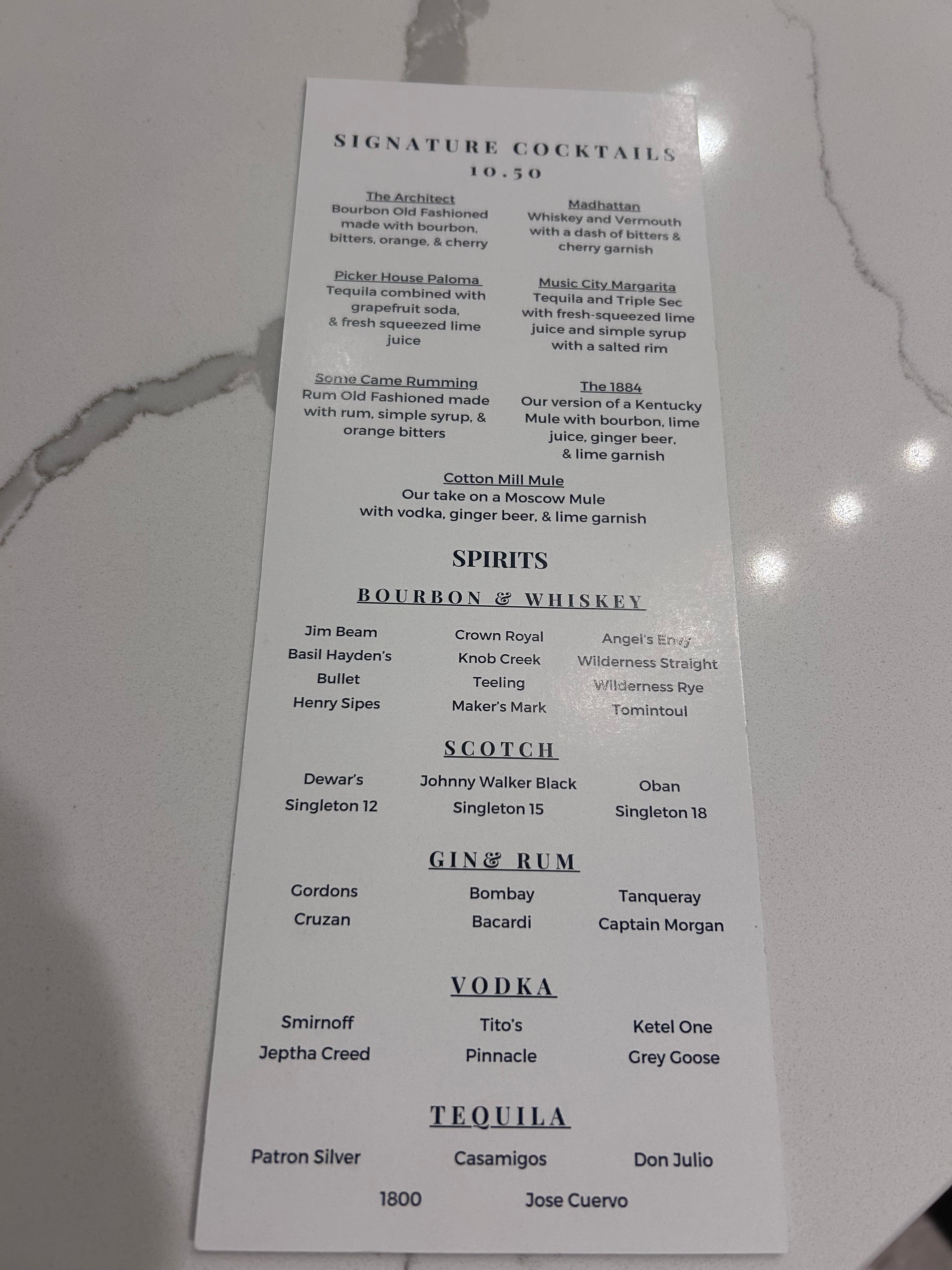 Bar menu