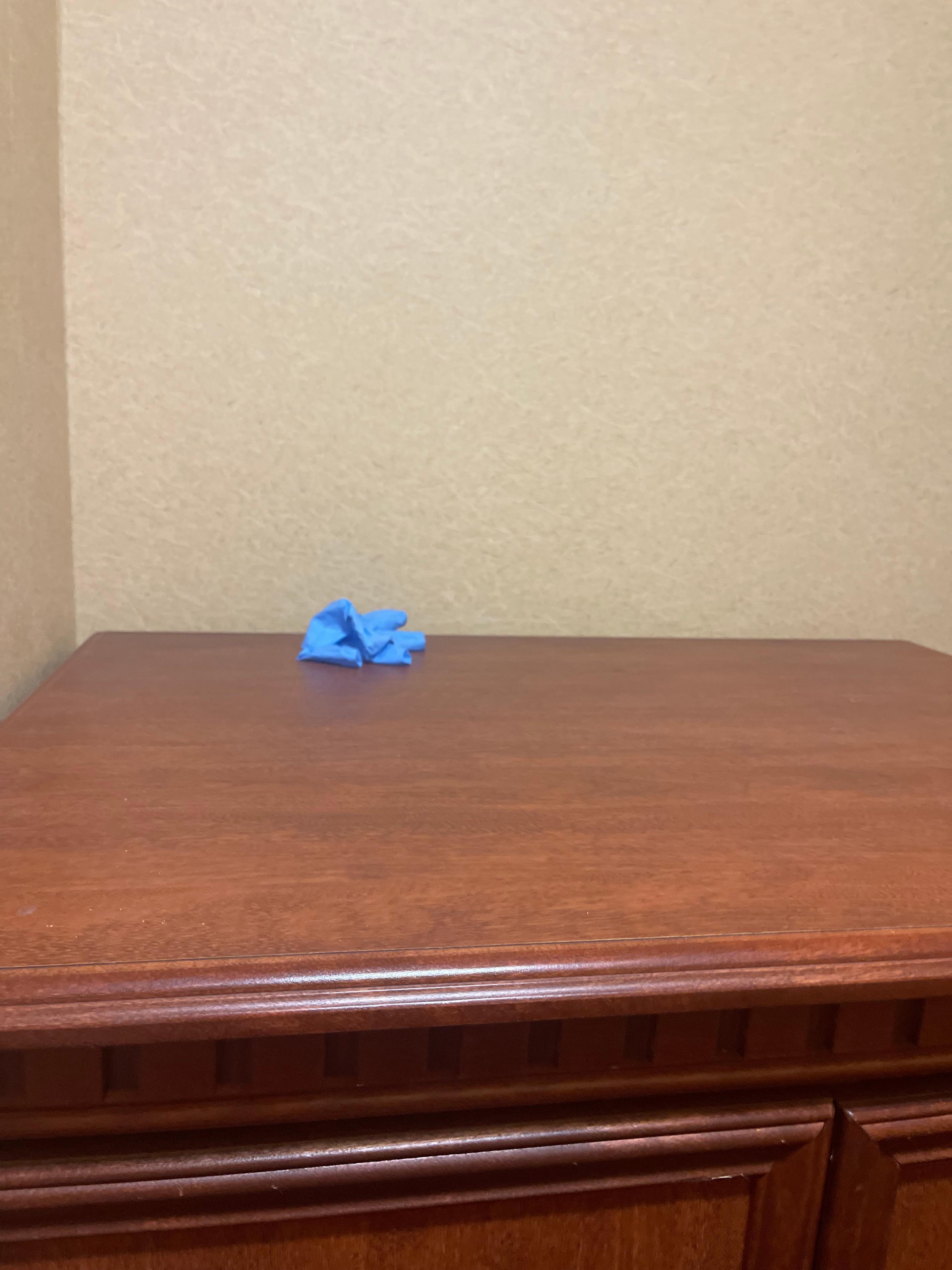 Found surgical gloves on the wardrobe.