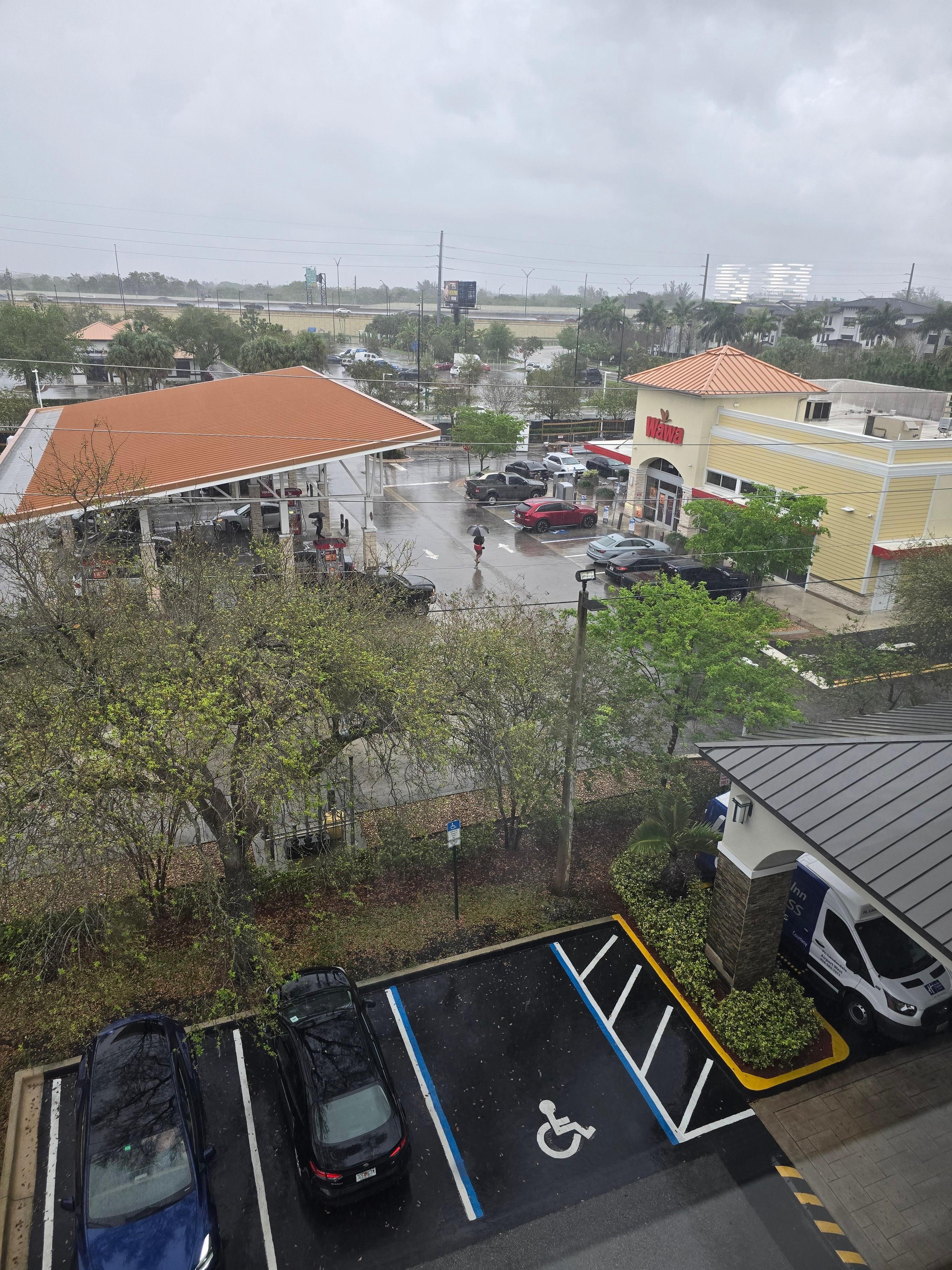 Next to a gas station for drinks and restroom if you have to wait to check in.  Room keys are needed for bathroom on ground level.