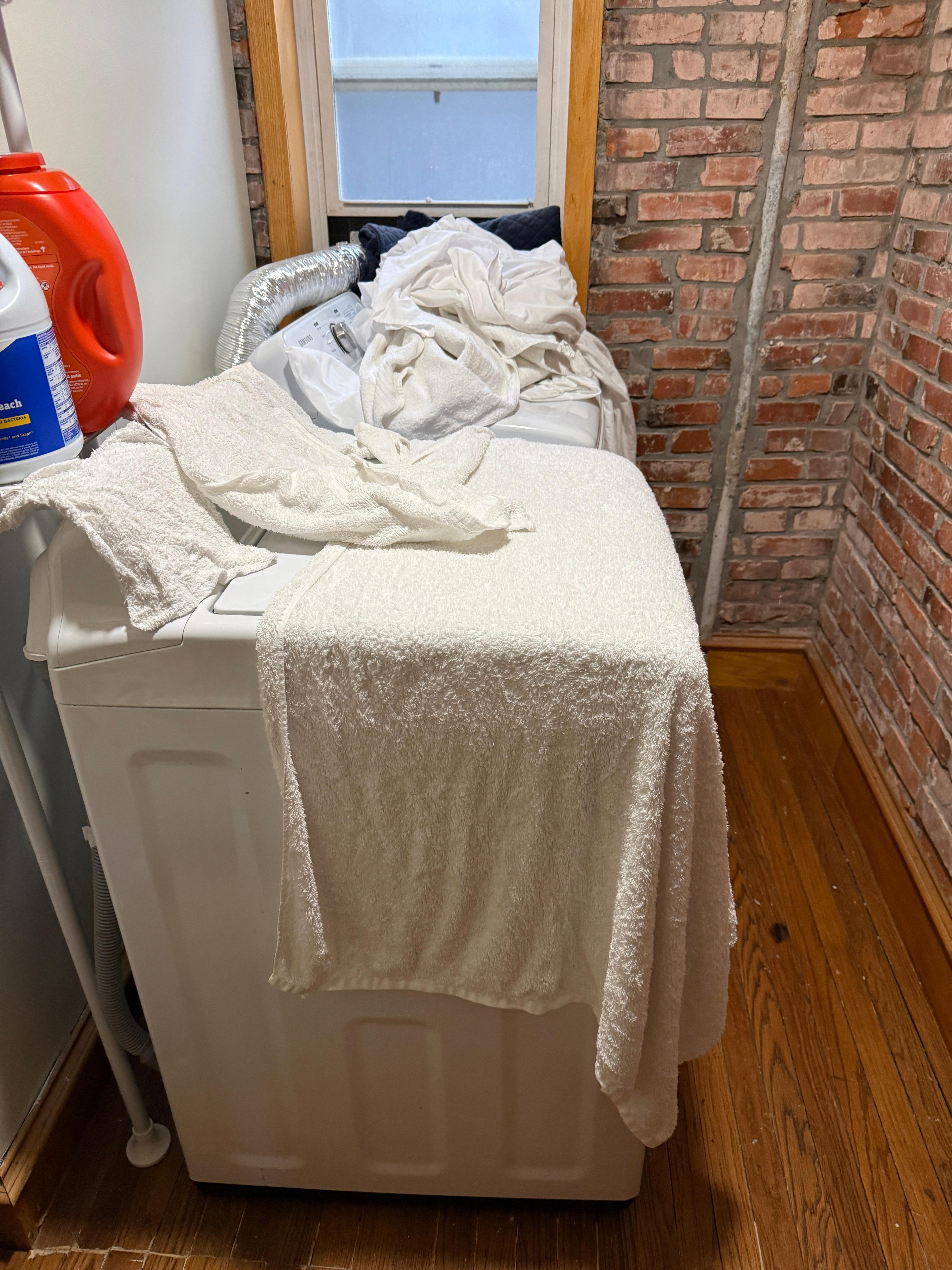 Only one set of clean towels. Dirty wet towels found in the laundry room.