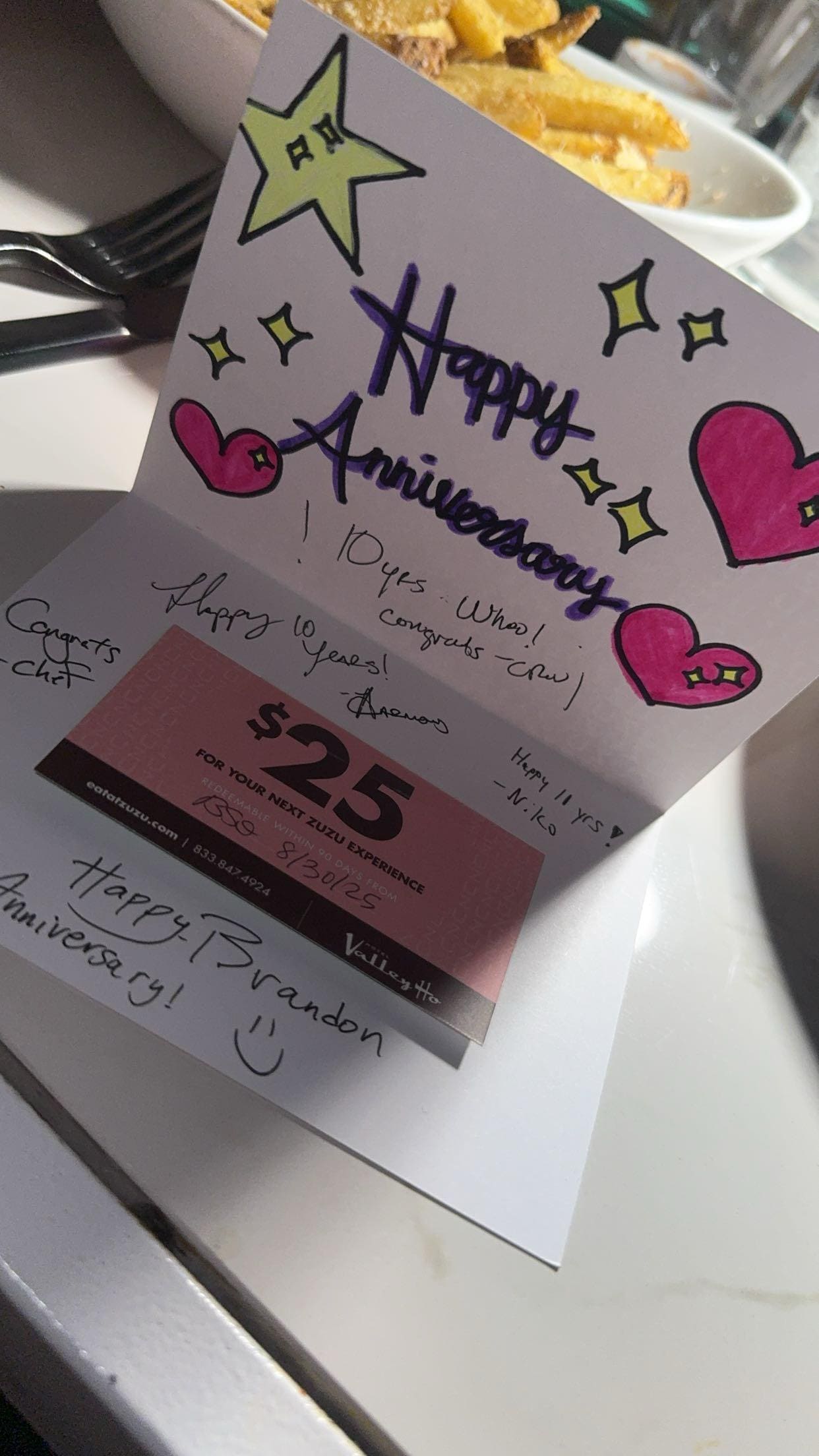 Gift card from the restaurant zuzu