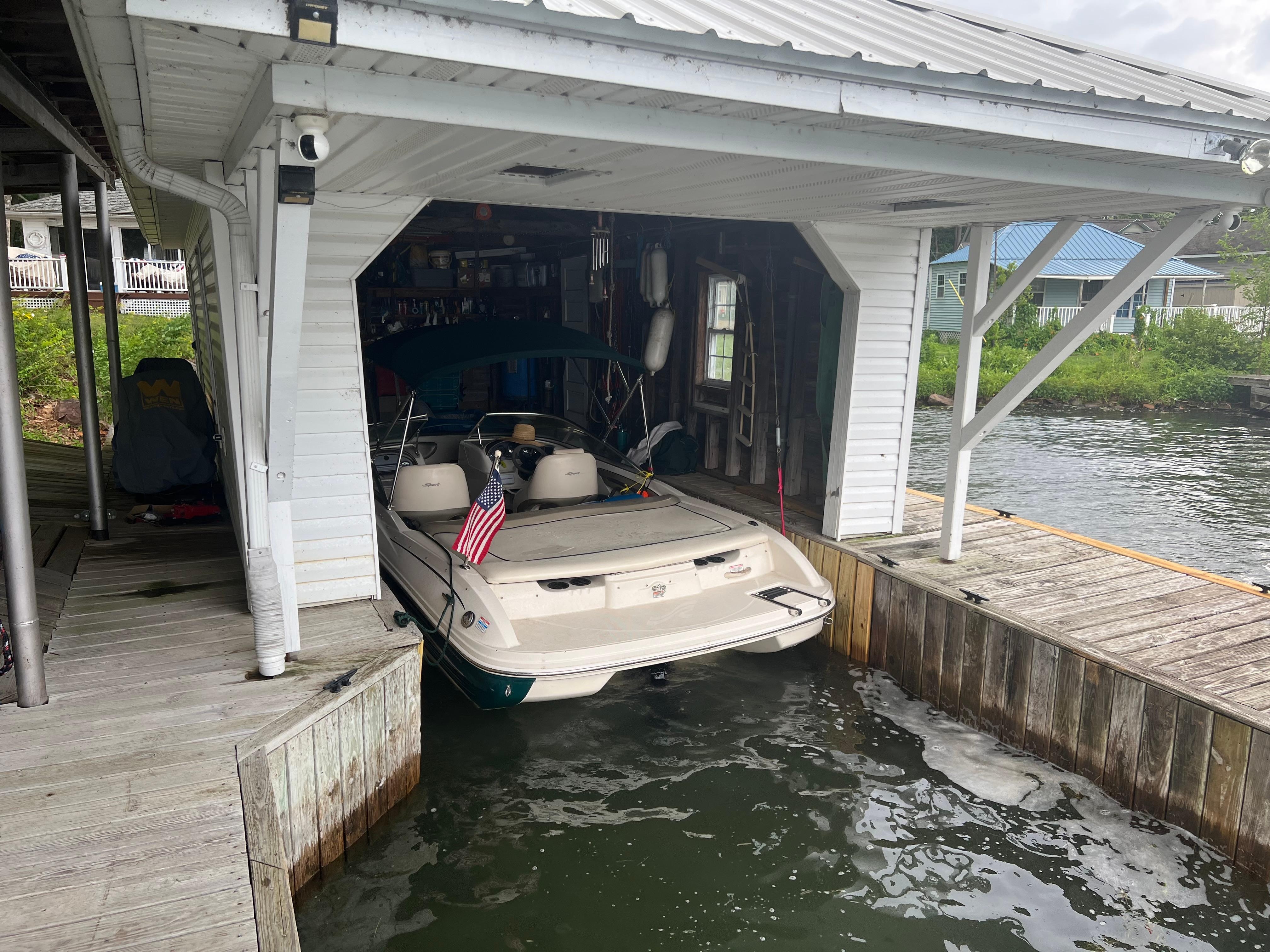 Safely secured inside the boathouse. 