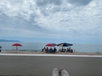 There are no chairs on the beach. This is the view from the closest chairs and there are no umbrellas.