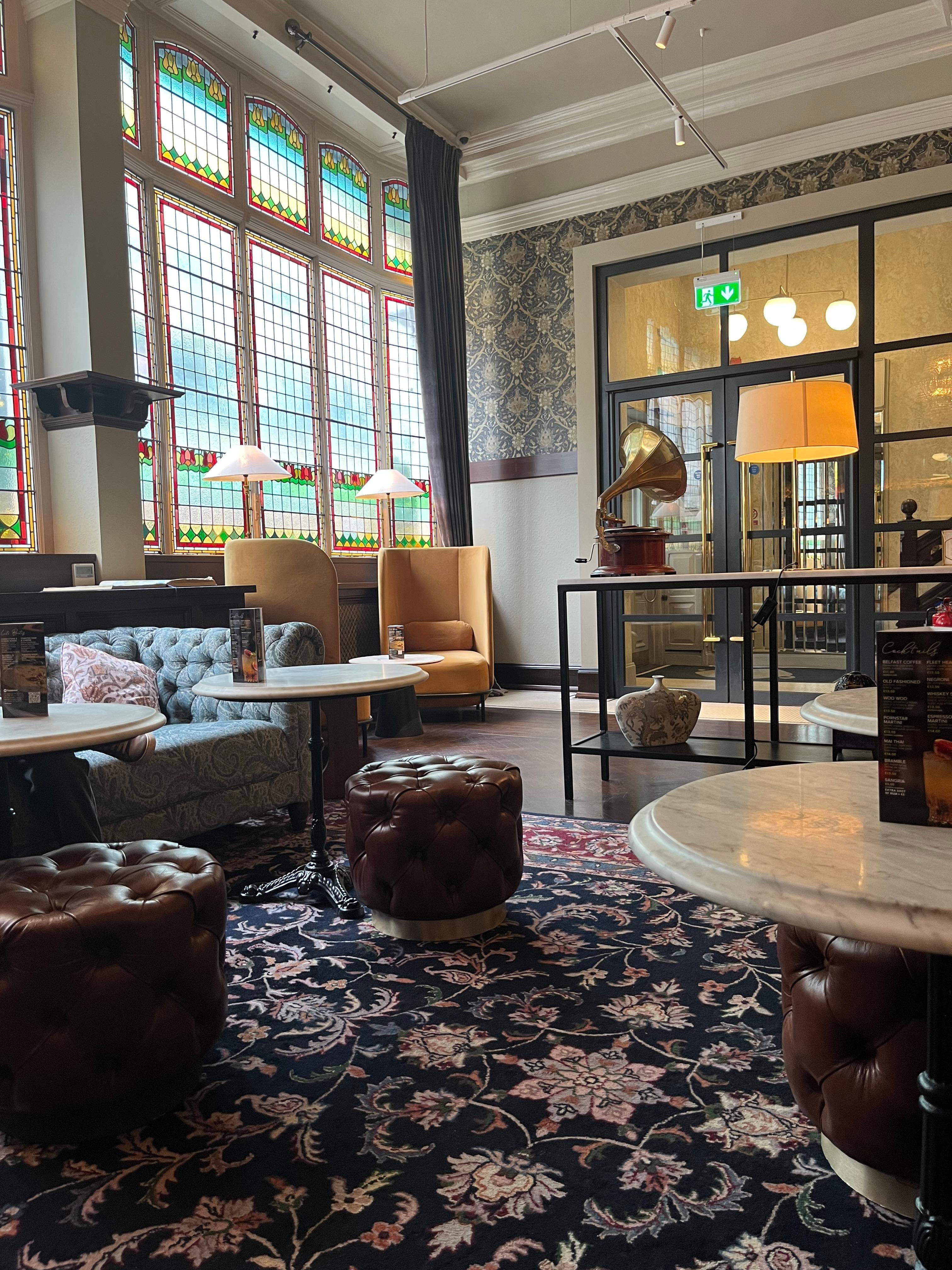 One view of lobby, with back to fireplaces. 