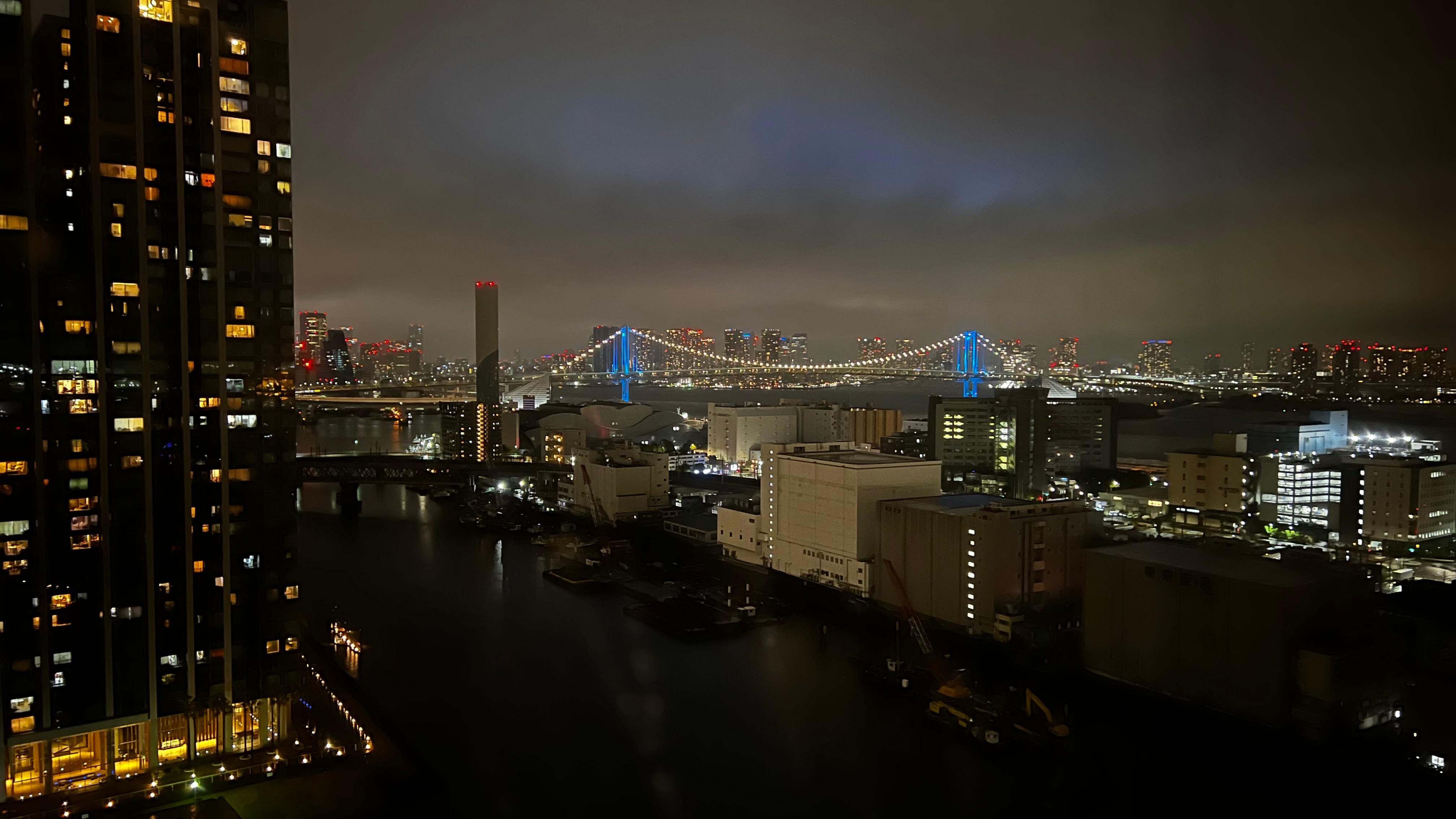 You can say:

Looking out the room window, you can see Tokyo Bay.

更自然一點也可以寫成：

The room offers a view of Tokyo Bay through the window.